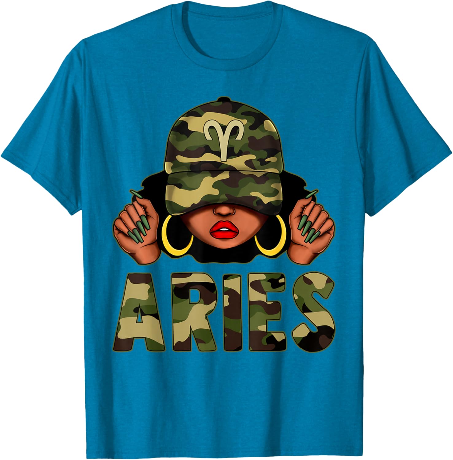 Aries Queen Black Woman Wearing Camo Cap Afro Zodiac T-Shirt - 11