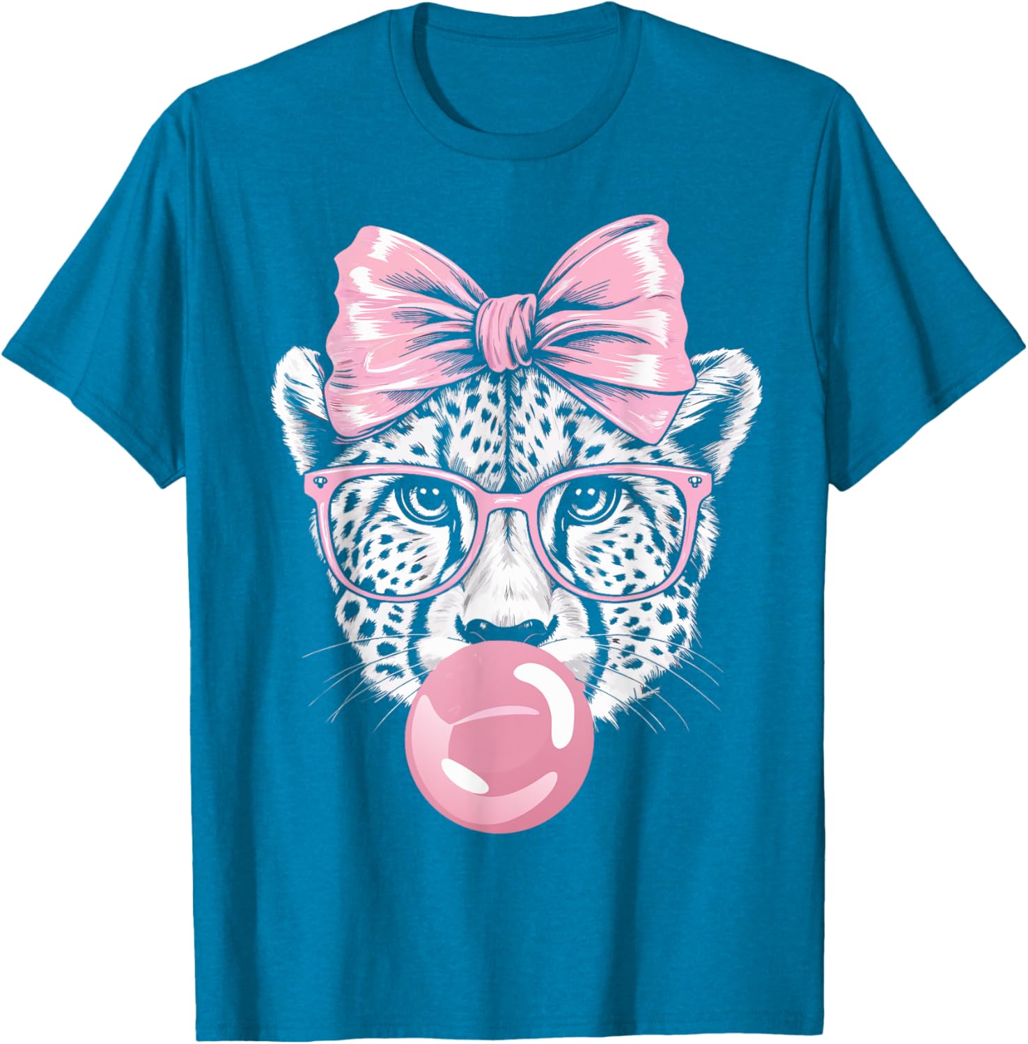 Cheetah With Glasses Blowing Pink Bubble Gum T-Shirt for Fun Fashion - 15