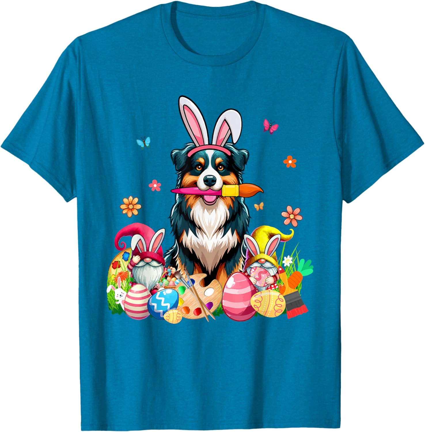 Cute Australian Shepherd Bunny Painting Easter Eggs Gnomes T-Shirt - 20