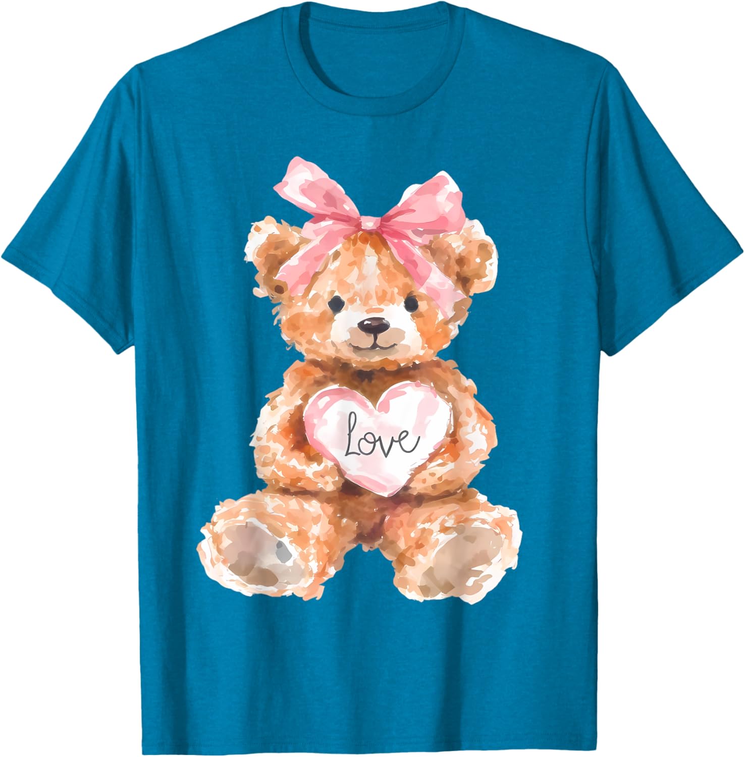 Watercolor Bear with Pink Bow Cute Valentine T-Shirt for Women and Girls - 6