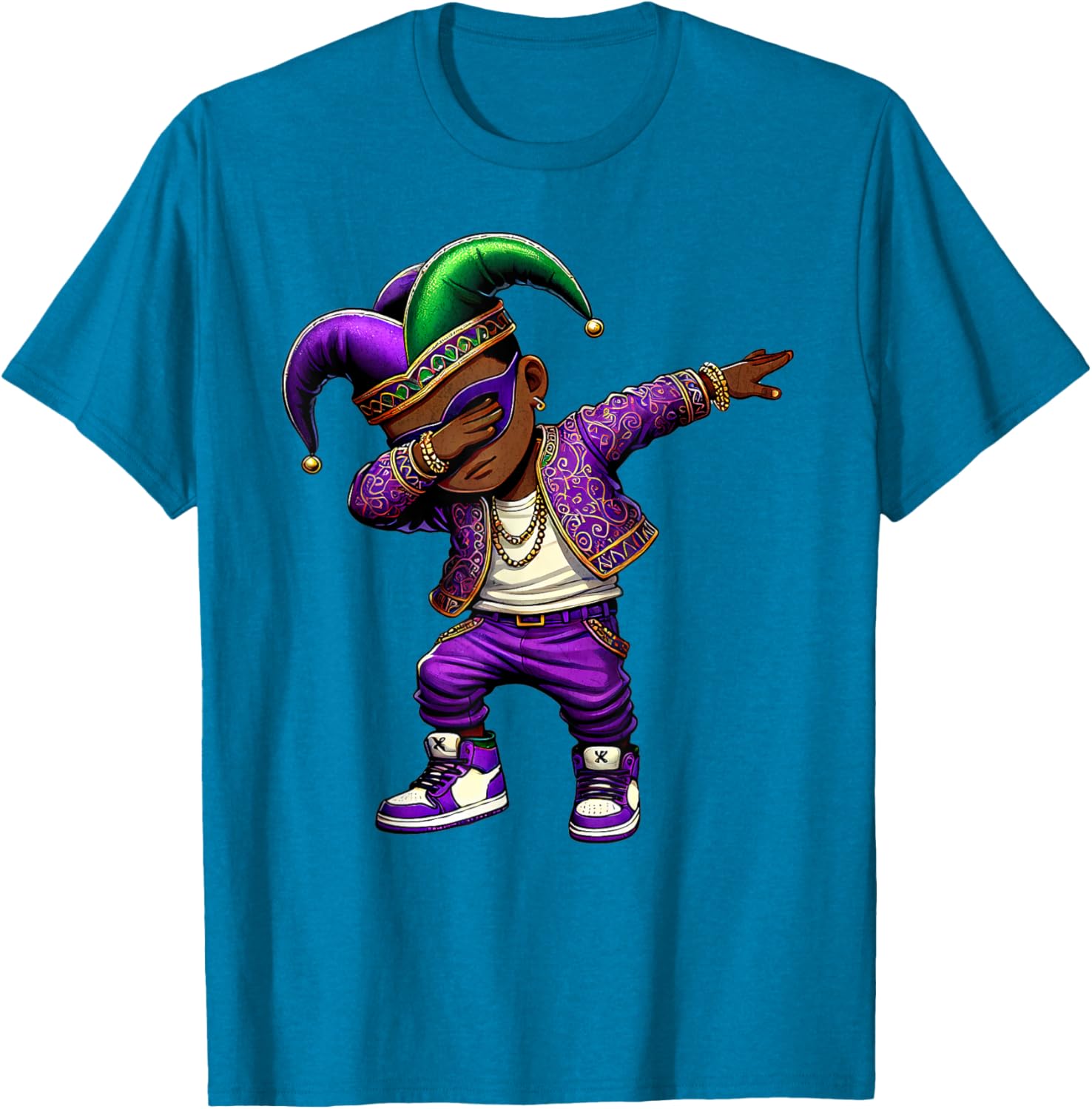 Funny Mardi Gras Jester Hat T-Shirt for Black Kids - Dabbing Boy Design - 5