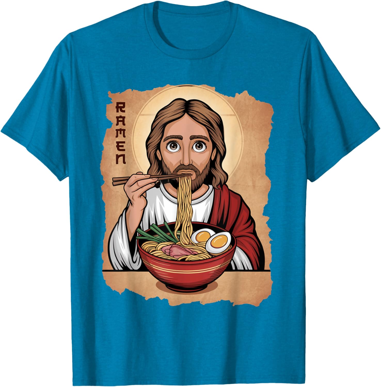Cute Jesus Eating Ramen Noodles T-Shirt with Ocean Waves Japanese Art - 7