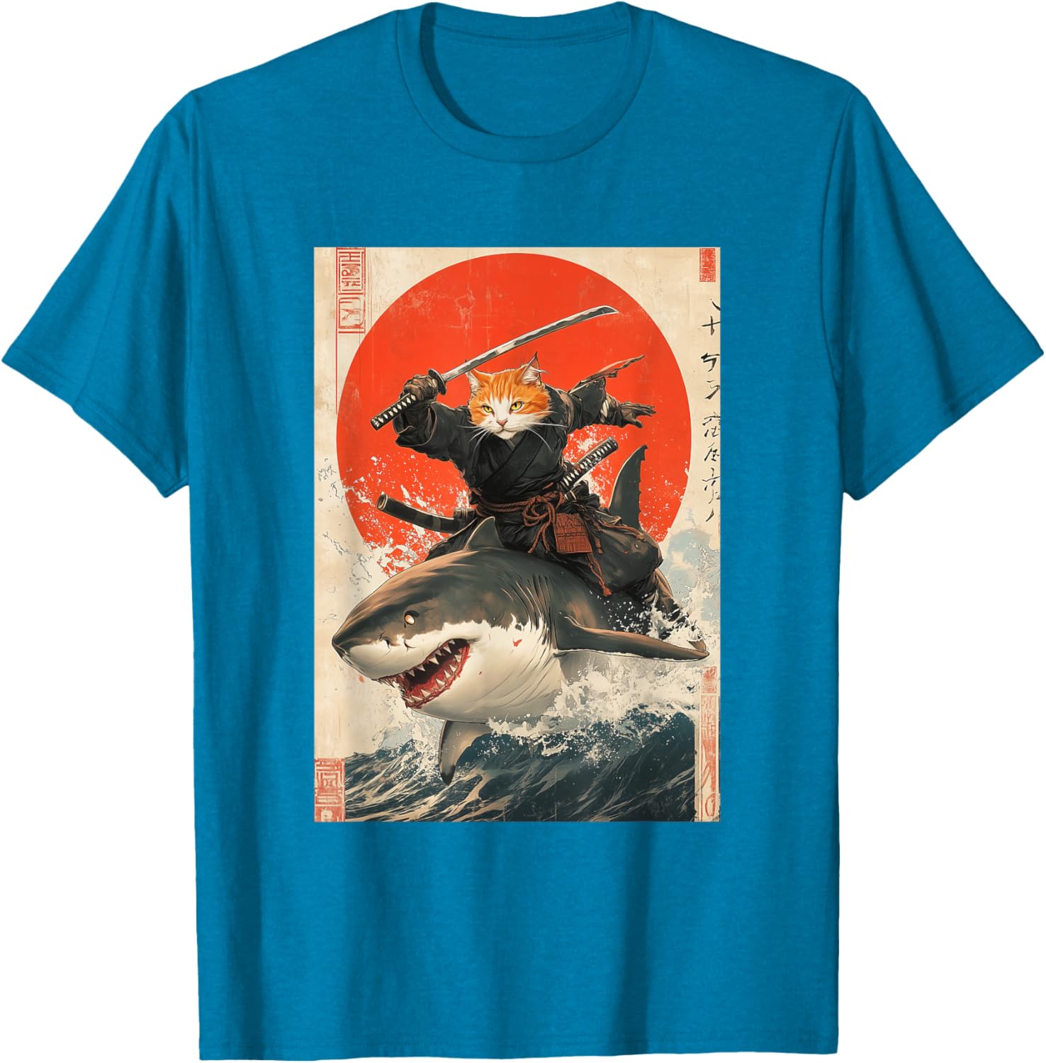 Ninja Cat Riding Shark Graphic Tee Cute Japanese Style T-Shirt for Cat Lovers - 15