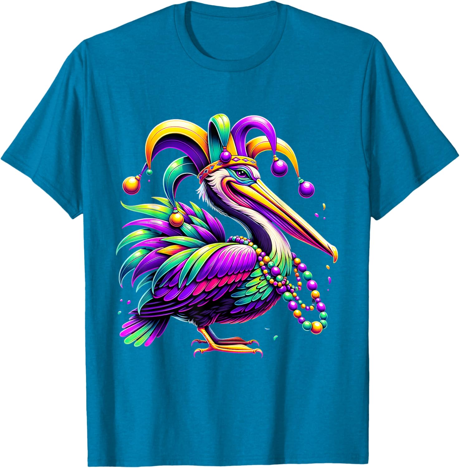 Colorful Mardi Gras Pelican Jester Hat Beads T-Shirt for Festive Fun - 17