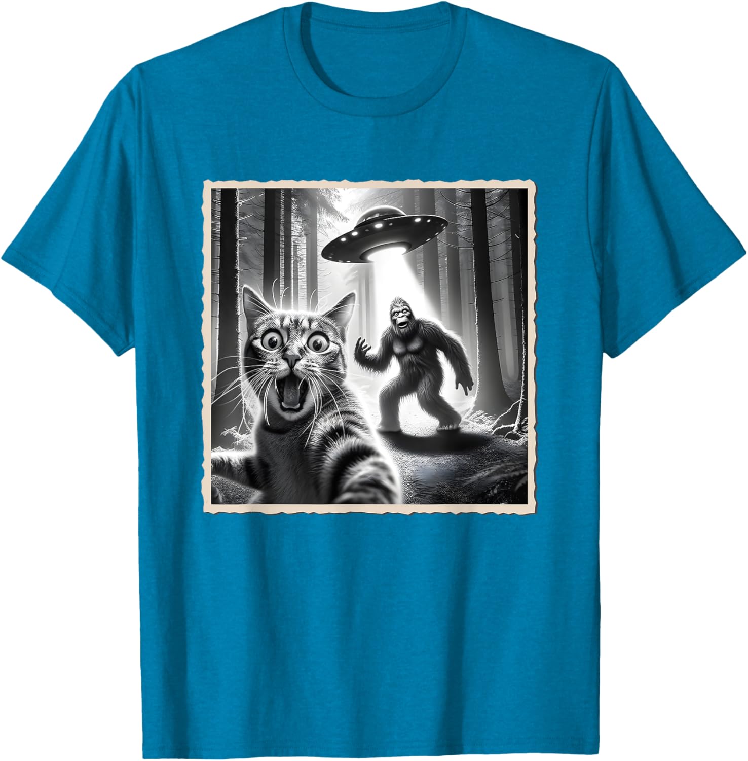 Funny Cat Selfie with Bigfoot and UFO T-Shirt for Animal Lovers - 21