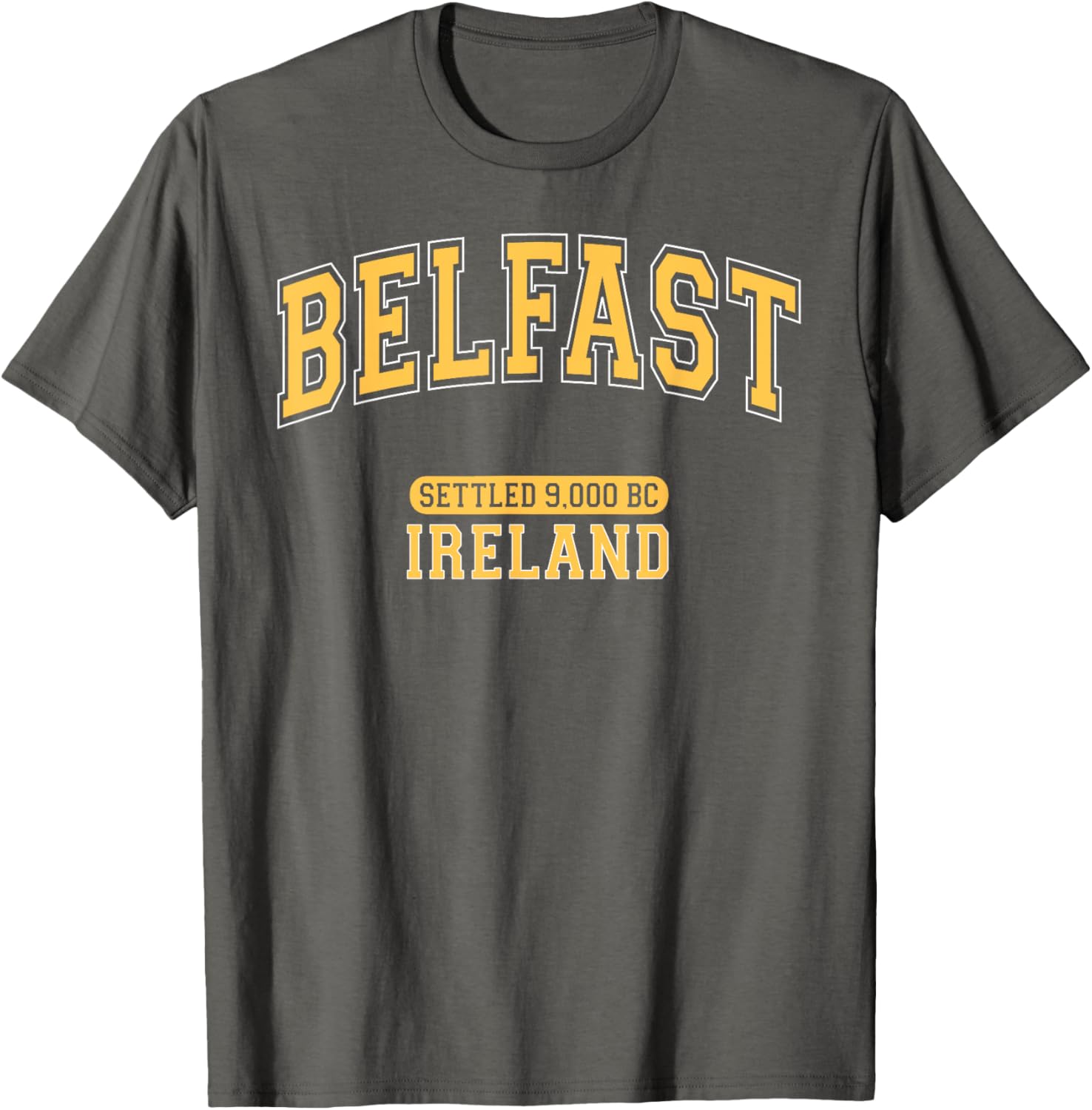 Retro Belfast Ireland 9000 BC Arched Yellow Letters T-Shirt for Trendy Style - 2
