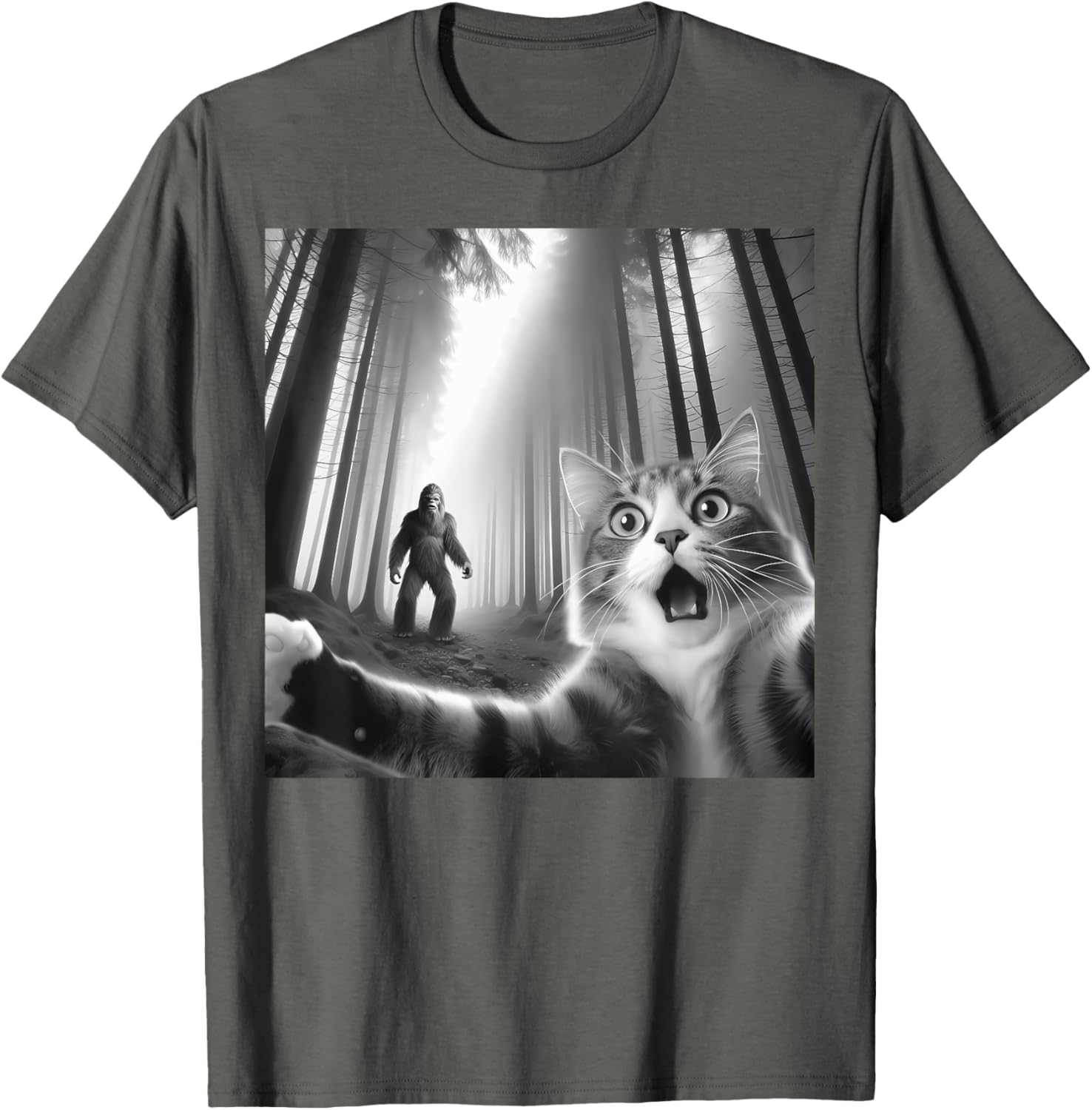 Funny Scared Cat Bigfoot Selfie T-Shirt for Men, Women, and Kids - 6