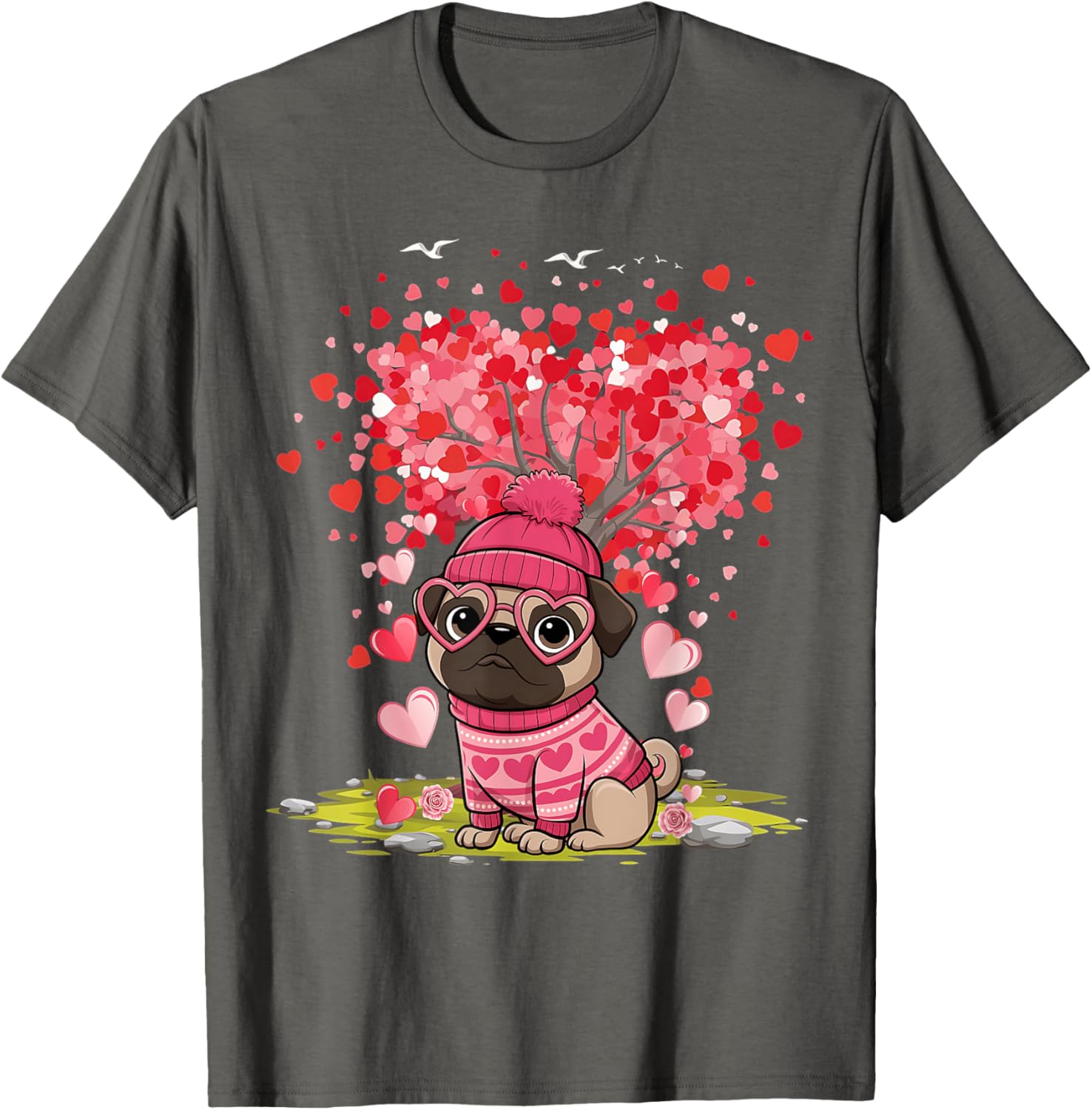 Pug Heart Tree Tee - Adorable Dog Lover Valentine's Day T-Shirt - 5