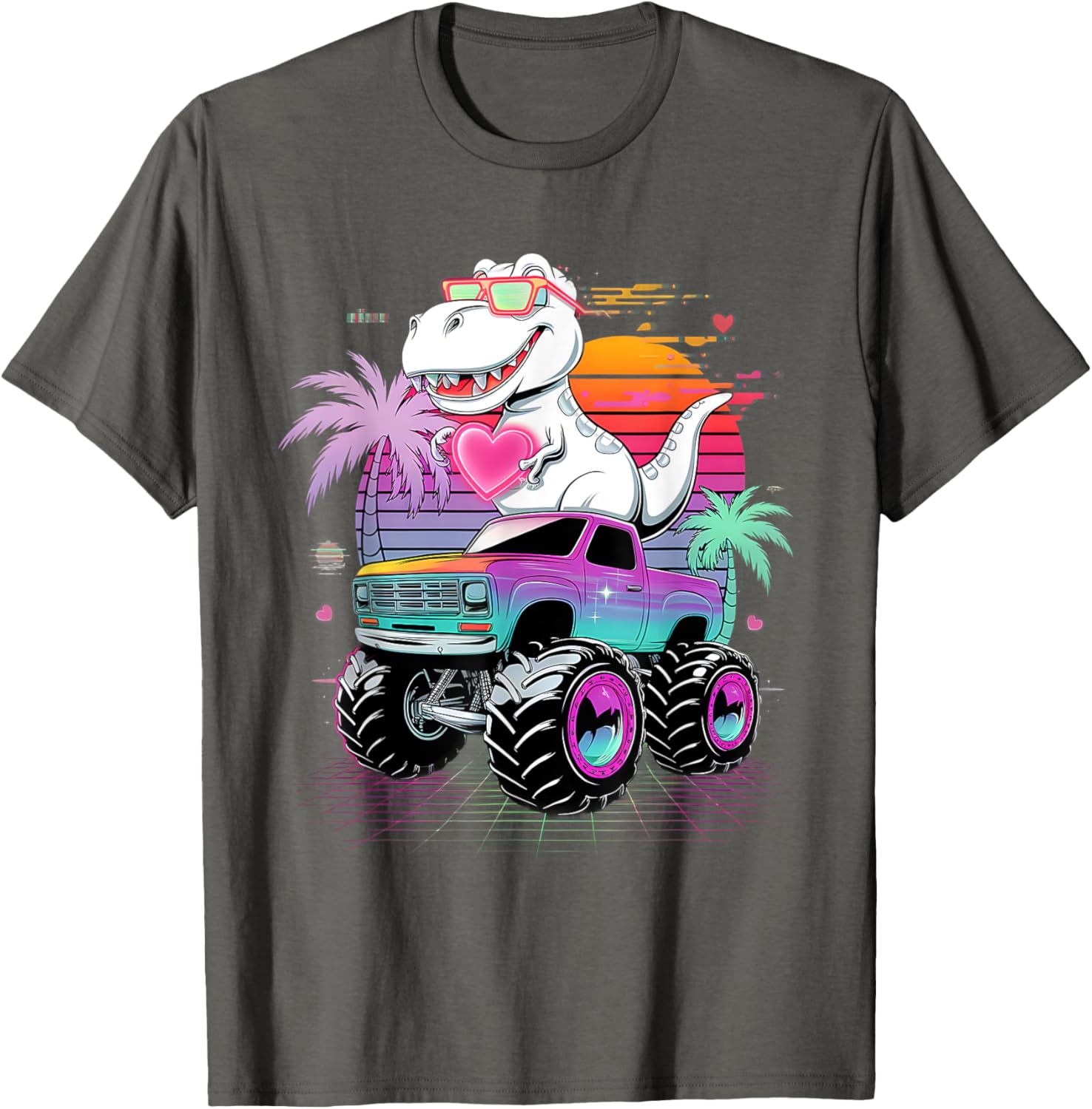 Valentine's Day T-Rex Monster Truck Vaporwave Kids T-Shirt for Boys - 29