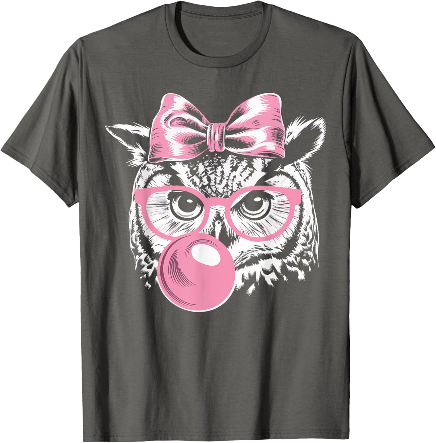Cute Owl T-Shirt with Glasses Blowing Pink Bubble Gum for Fun Fashion - 15