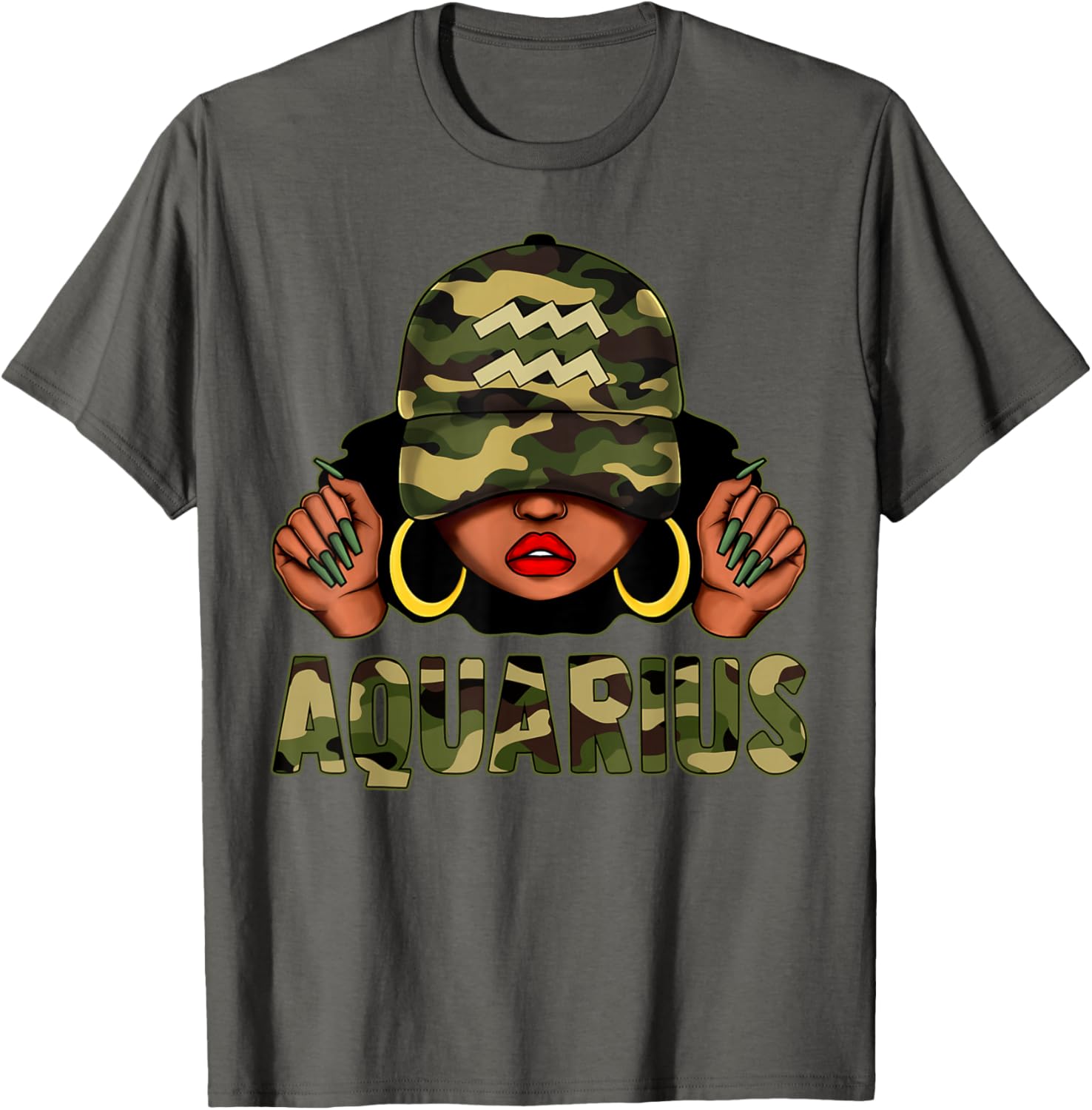 Aquarius Queen Black Woman Camo Afro T-Shirt Stylish Zodiac Apparel - 6