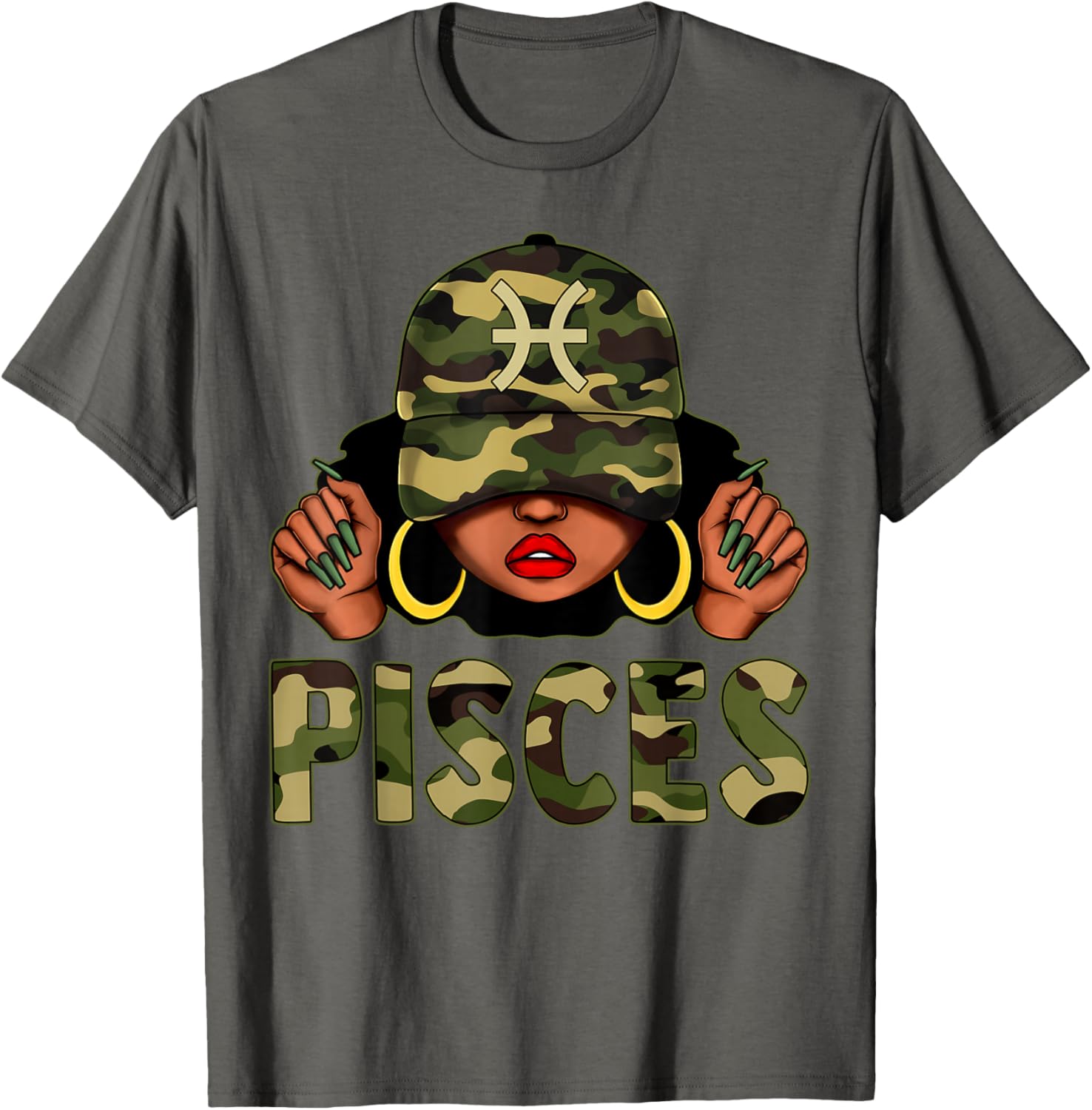 Pisces Queen Camo Cap and Afro Girl Zodiac T-Shirt for Black Women - 18