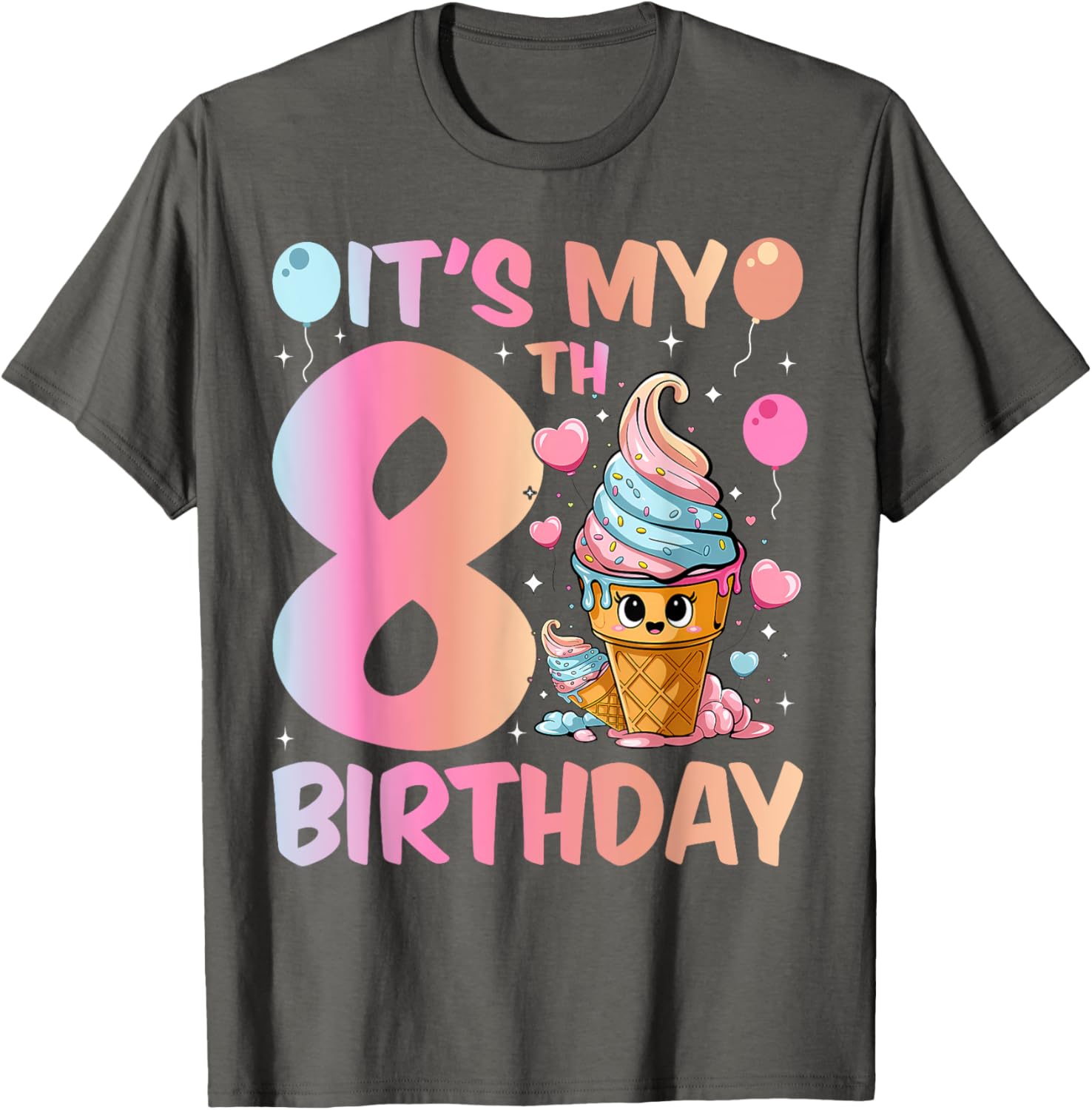 Cute Ice Cream Number 8 T-Shirt for Girls 8th Birthday Celebration - 1