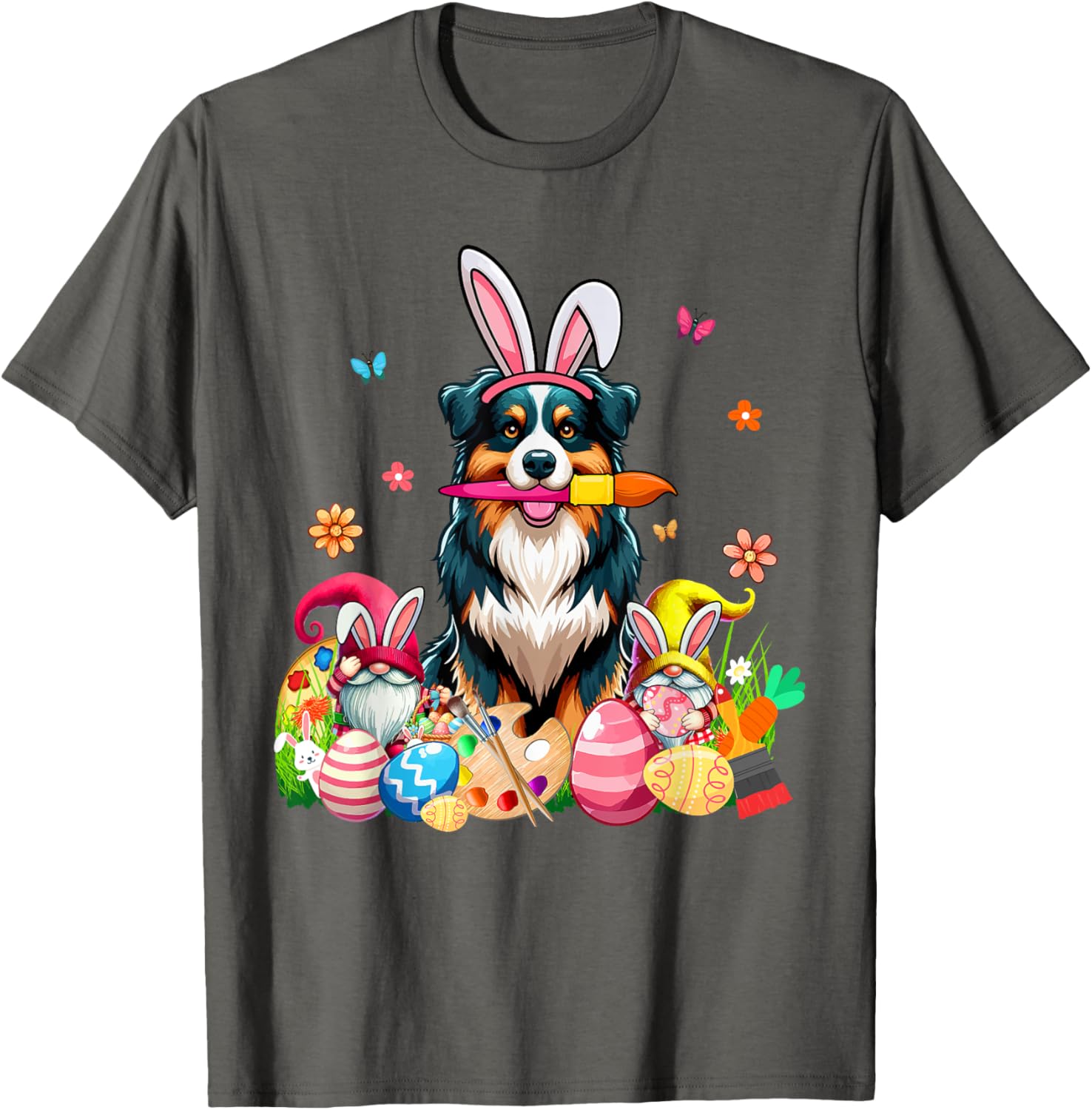 Cute Australian Shepherd Bunny Painting Easter Eggs Gnomes T-Shirt - 14