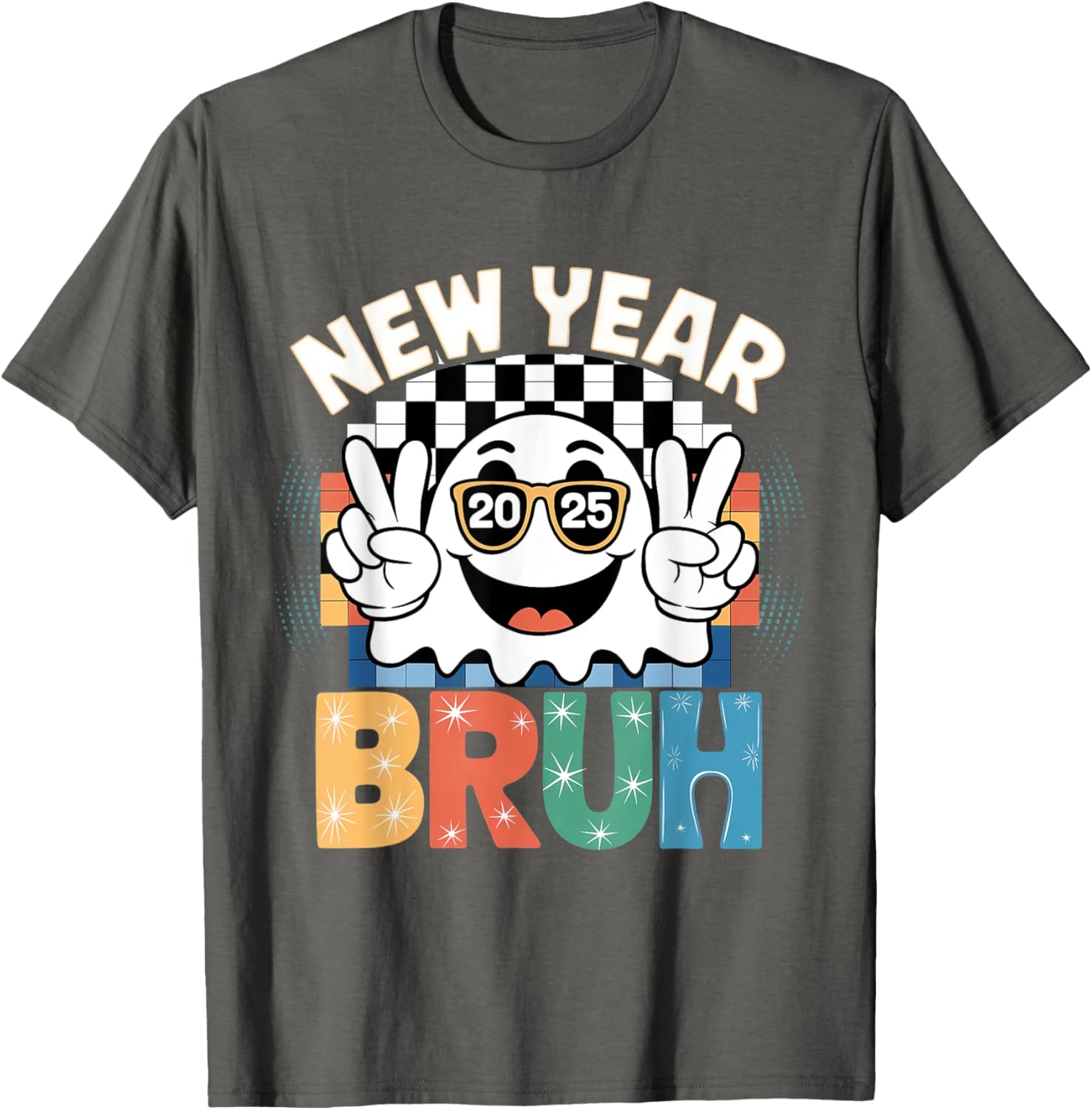 Cute Boo Ghost Happy New Year 2025 Vibes Funny Retro T-Shirt - 17