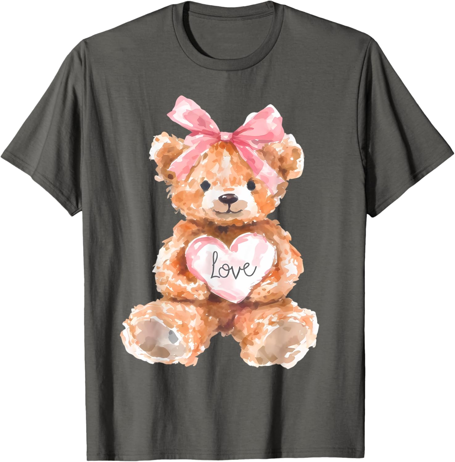 Watercolor Bear with Pink Bow Cute Valentine T-Shirt for Women and Girls - 2