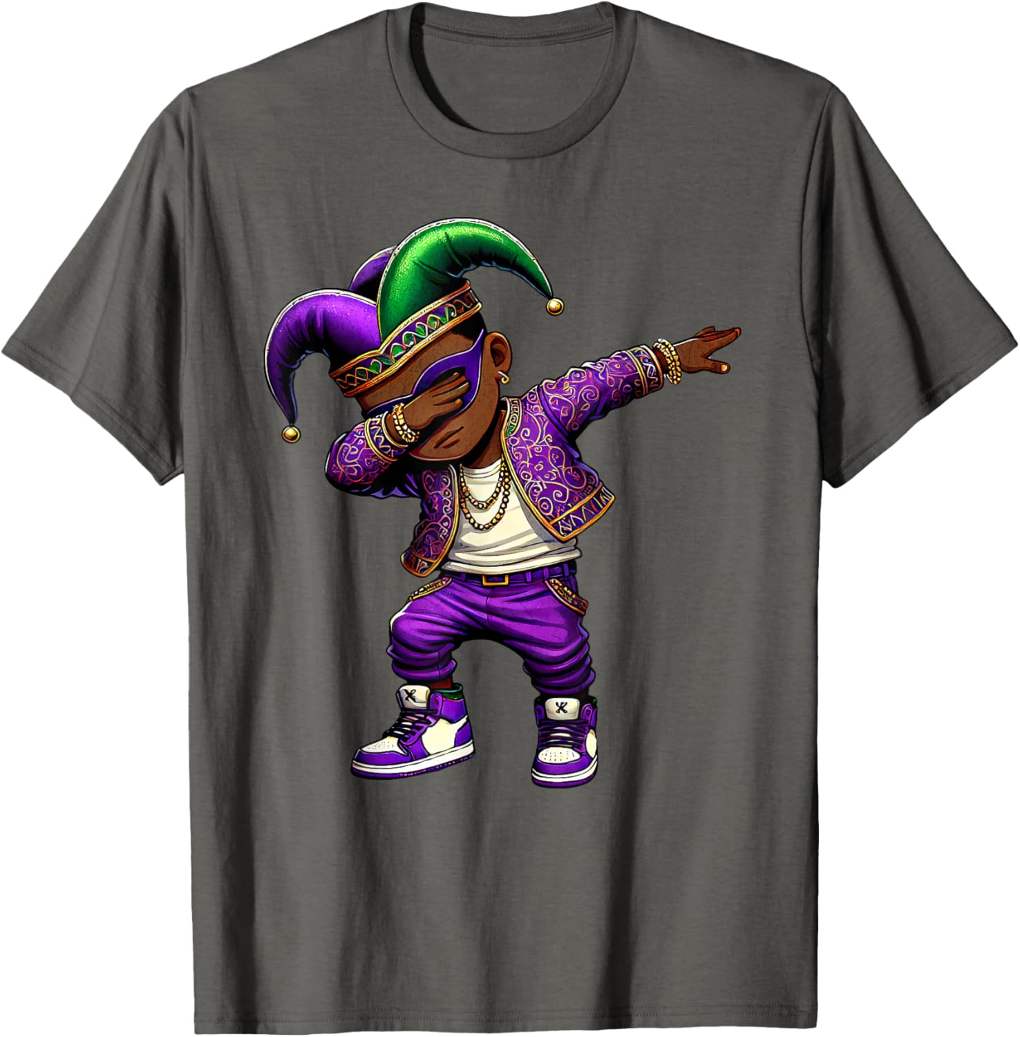 Funny Mardi Gras Jester Hat T-Shirt for Black Kids - Dabbing Boy Design - 10