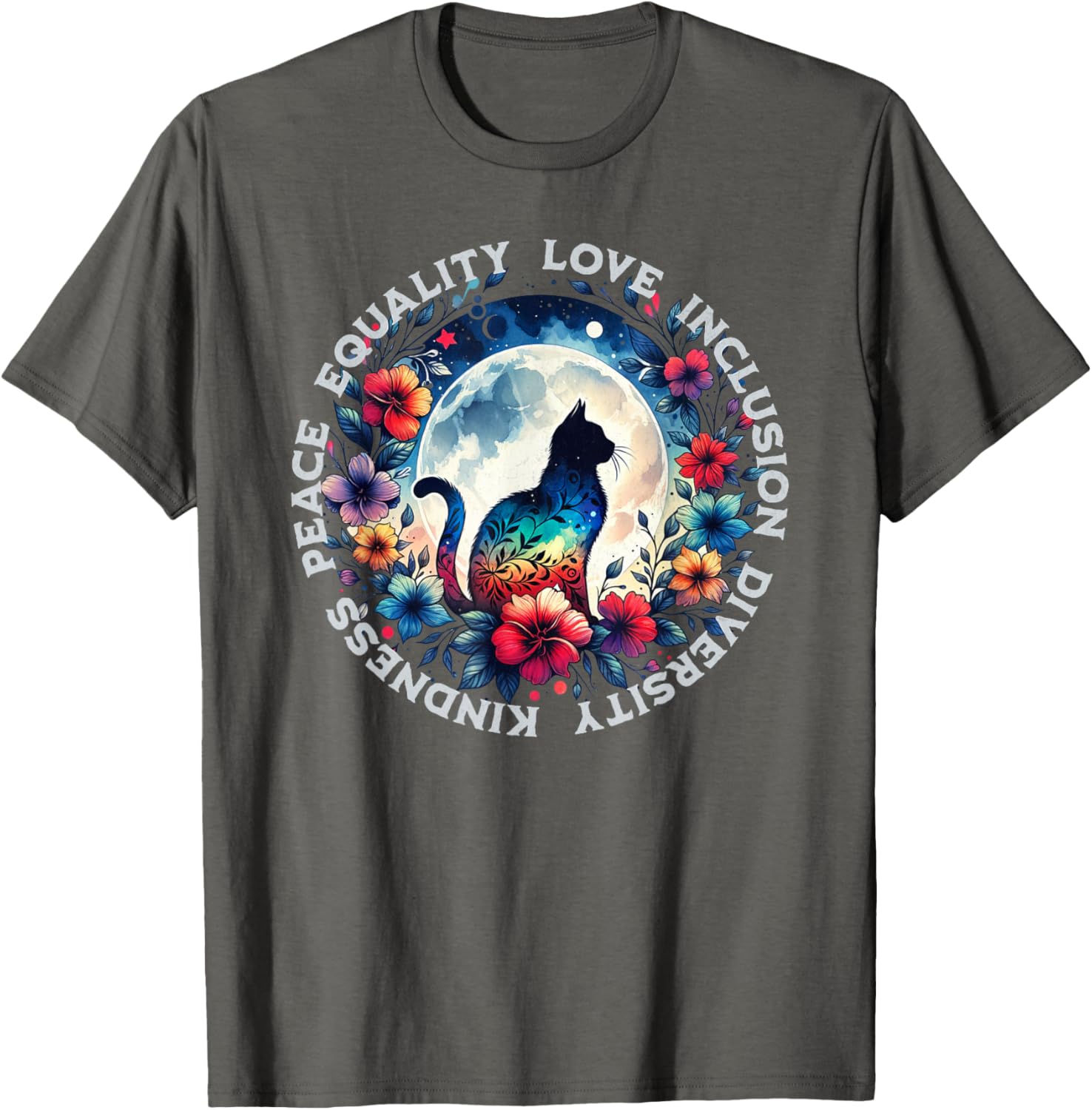 Floral Cat T-Shirt Promoting Kindness, Love, and Equality for All - 1