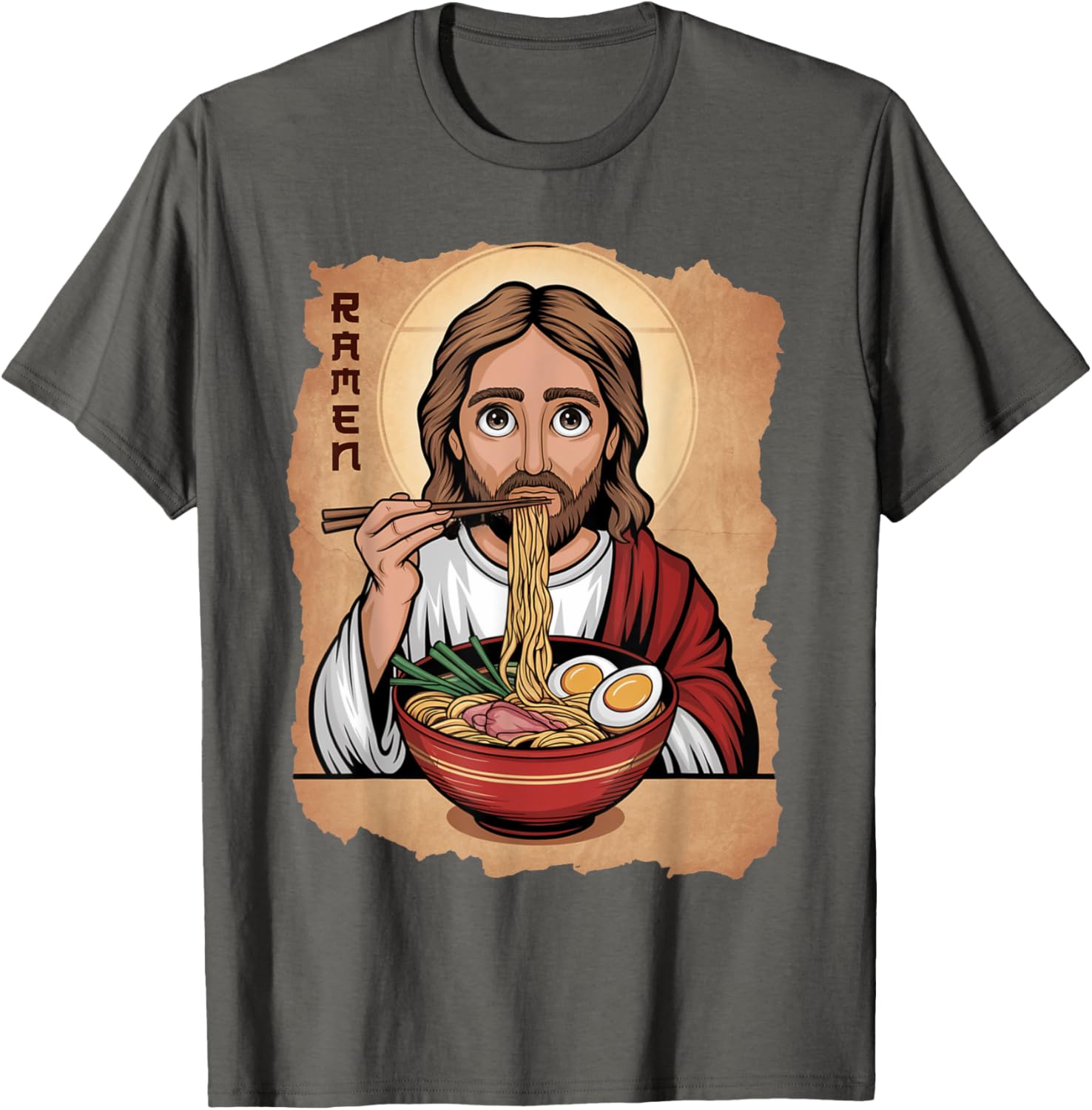 Cute Jesus Eating Ramen Noodles T-Shirt with Ocean Waves Japanese Art - 22