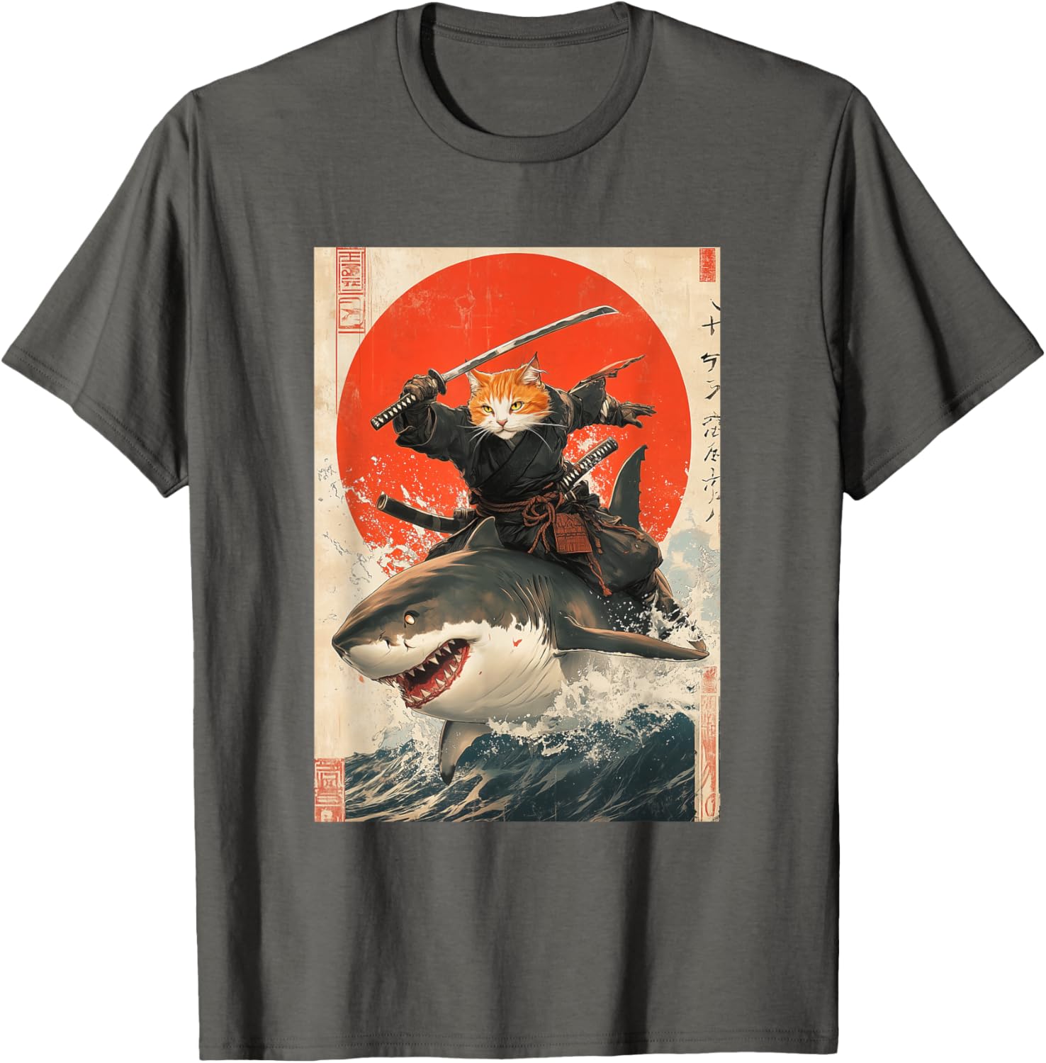 Ninja Cat Riding Shark Graphic Tee Cute Japanese Style T-Shirt for Cat Lovers - 11