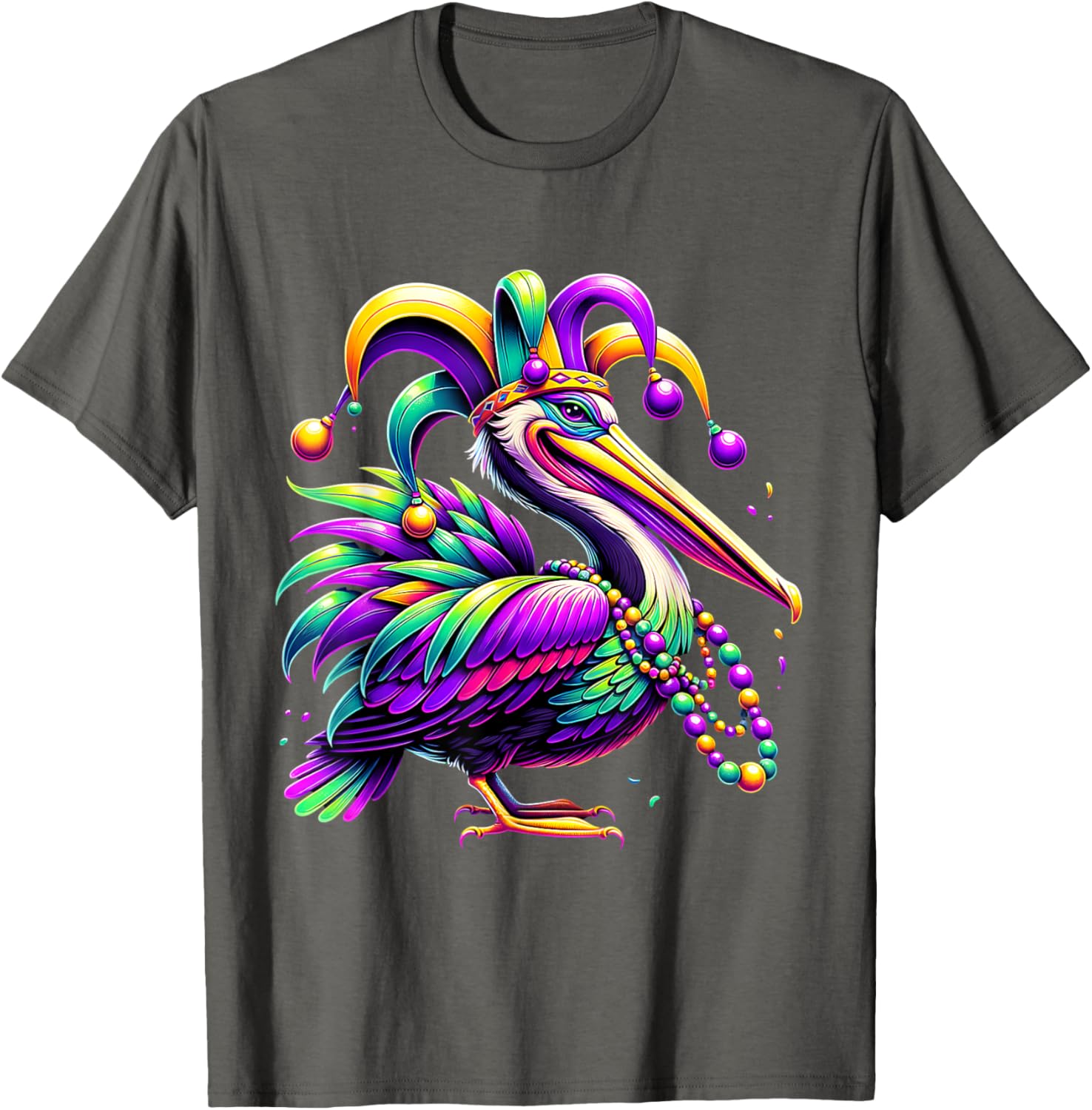 Colorful Mardi Gras Pelican Jester Hat Beads T-Shirt for Festive Fun - 15