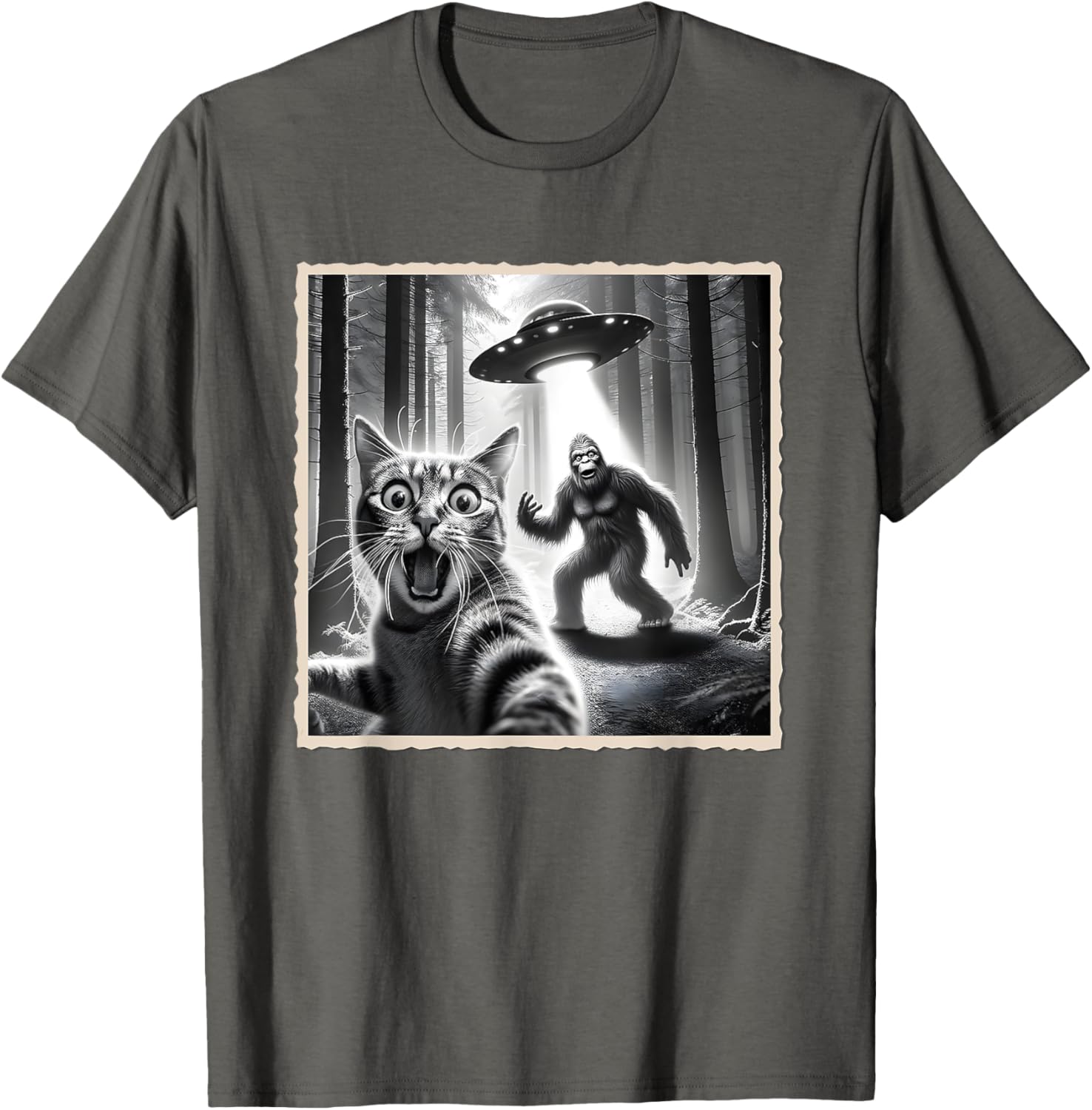 Funny Cat Selfie with Bigfoot and UFO T-Shirt for Animal Lovers - 25