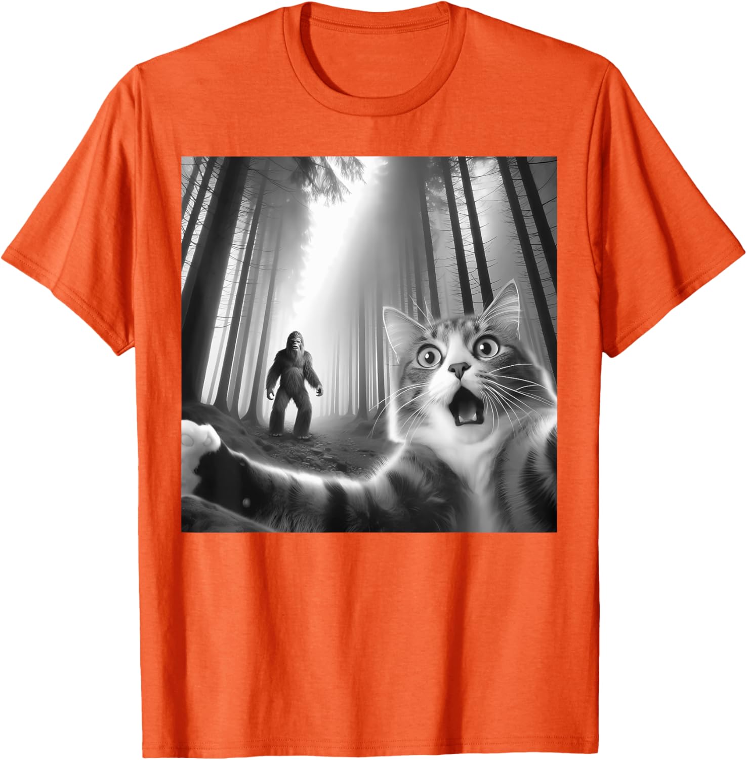 Funny Scared Cat Bigfoot Selfie T-Shirt for Men, Women, and Kids - 23