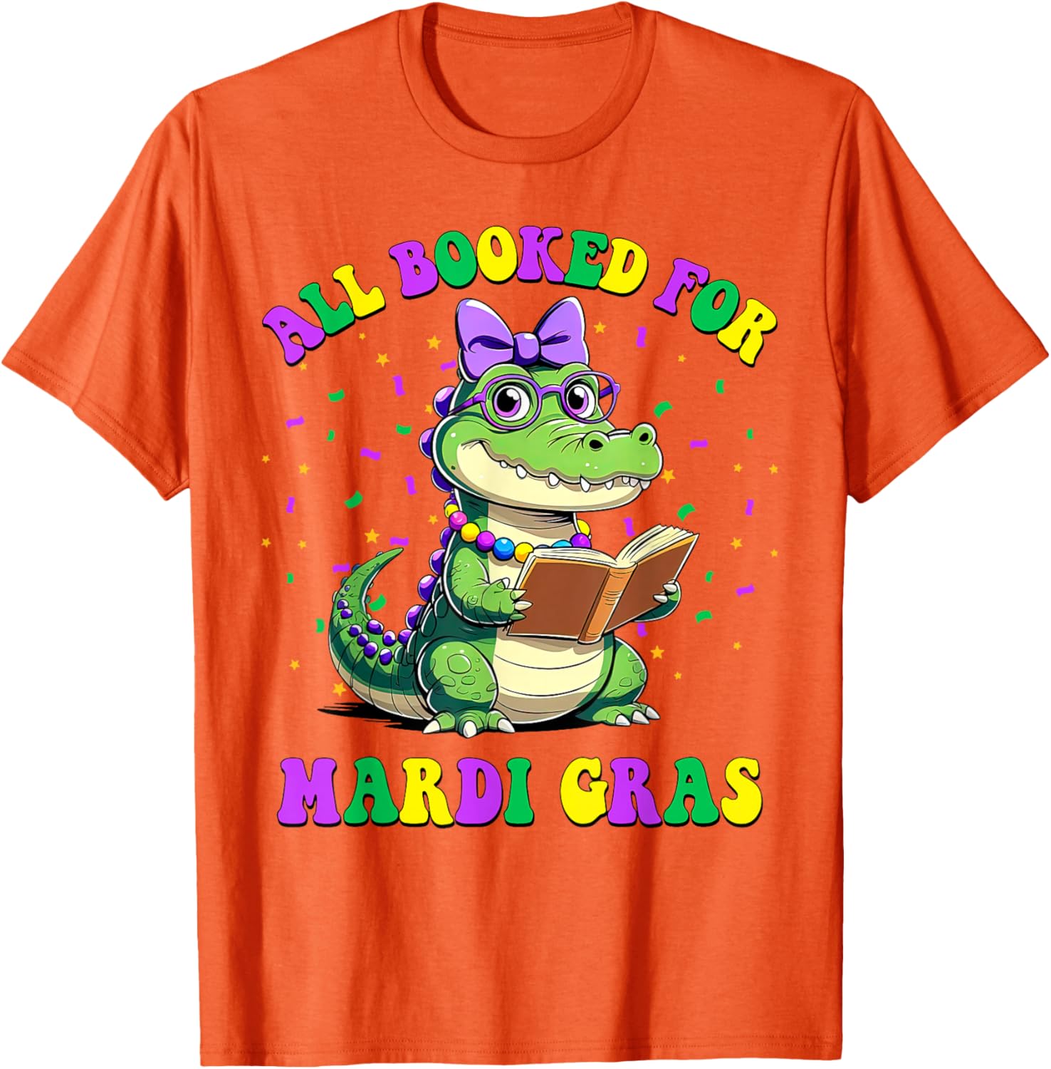 Mardi Gras Crocodile Teacher T-Shirt for Book Lovers and Readers - 3