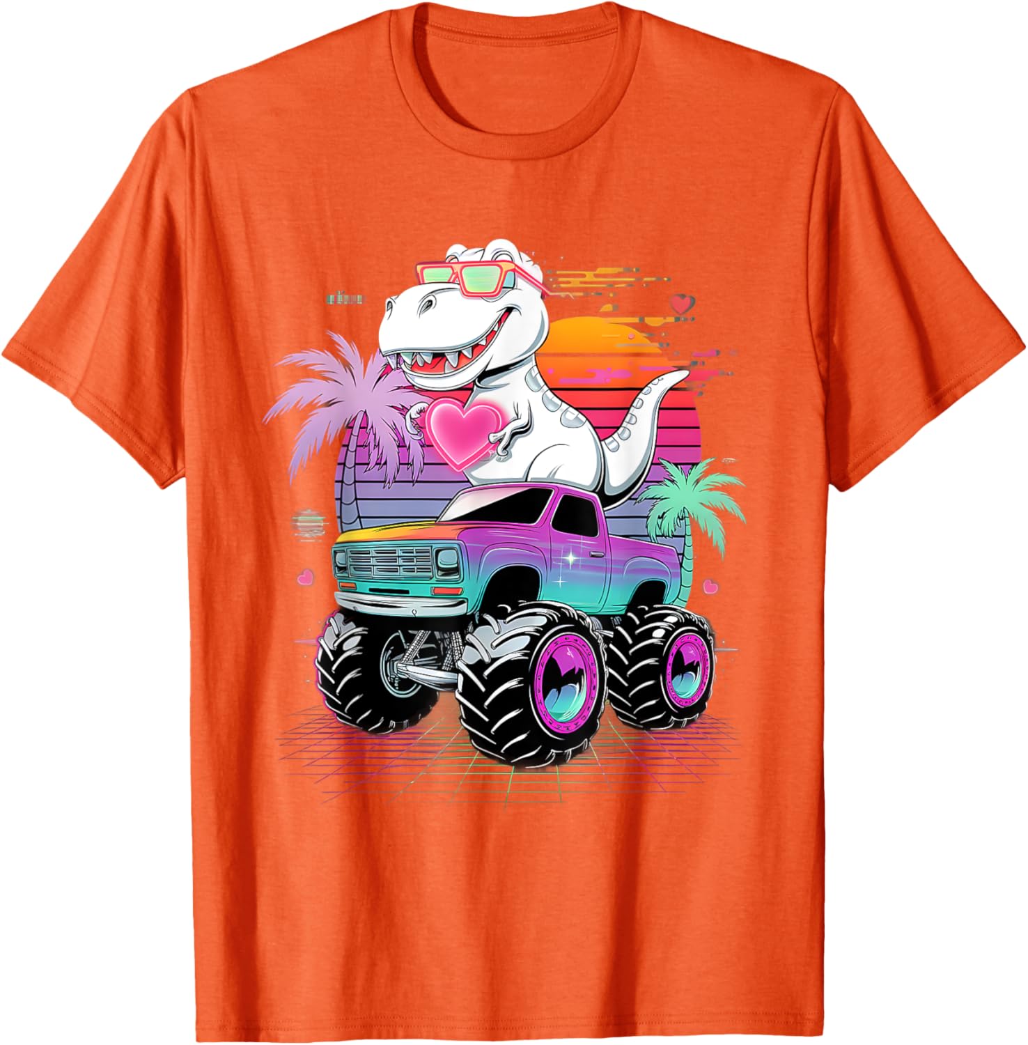 Valentine's Day T-Rex Monster Truck Vaporwave Kids T-Shirt for Boys - 18