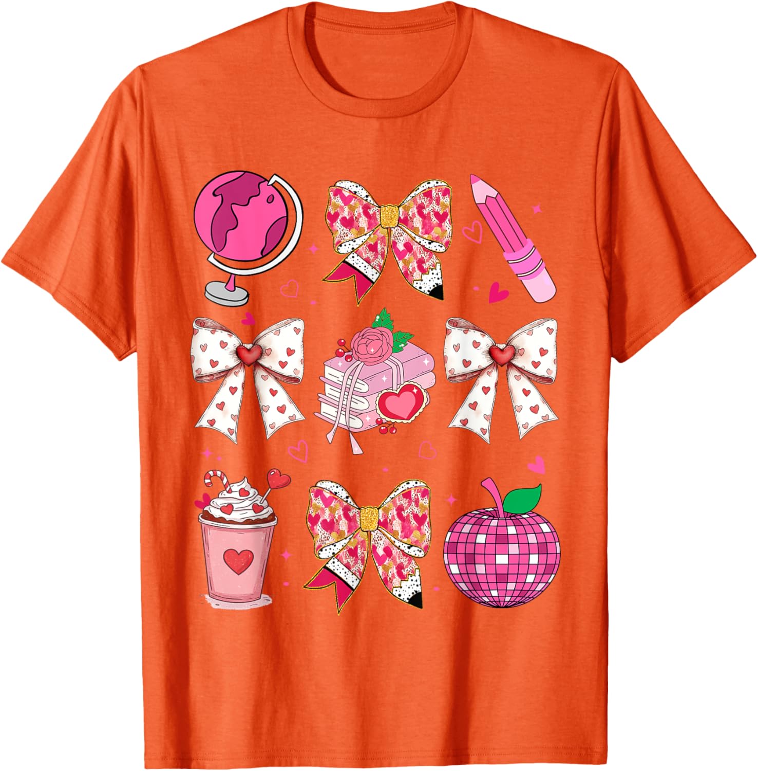 Valentine's Day Heart Bow T-Shirt for Teachers with Disco Ball Charm - 24
