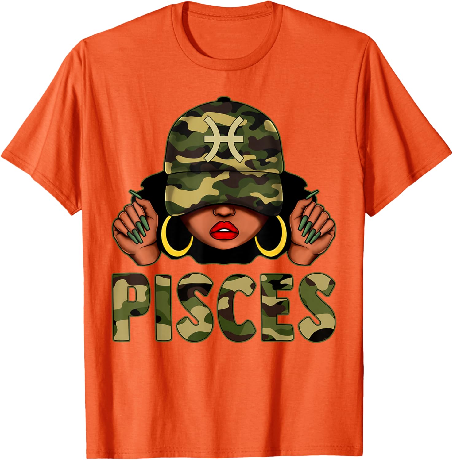 Pisces Queen Camo Cap and Afro Girl Zodiac T-Shirt for Black Women - 7