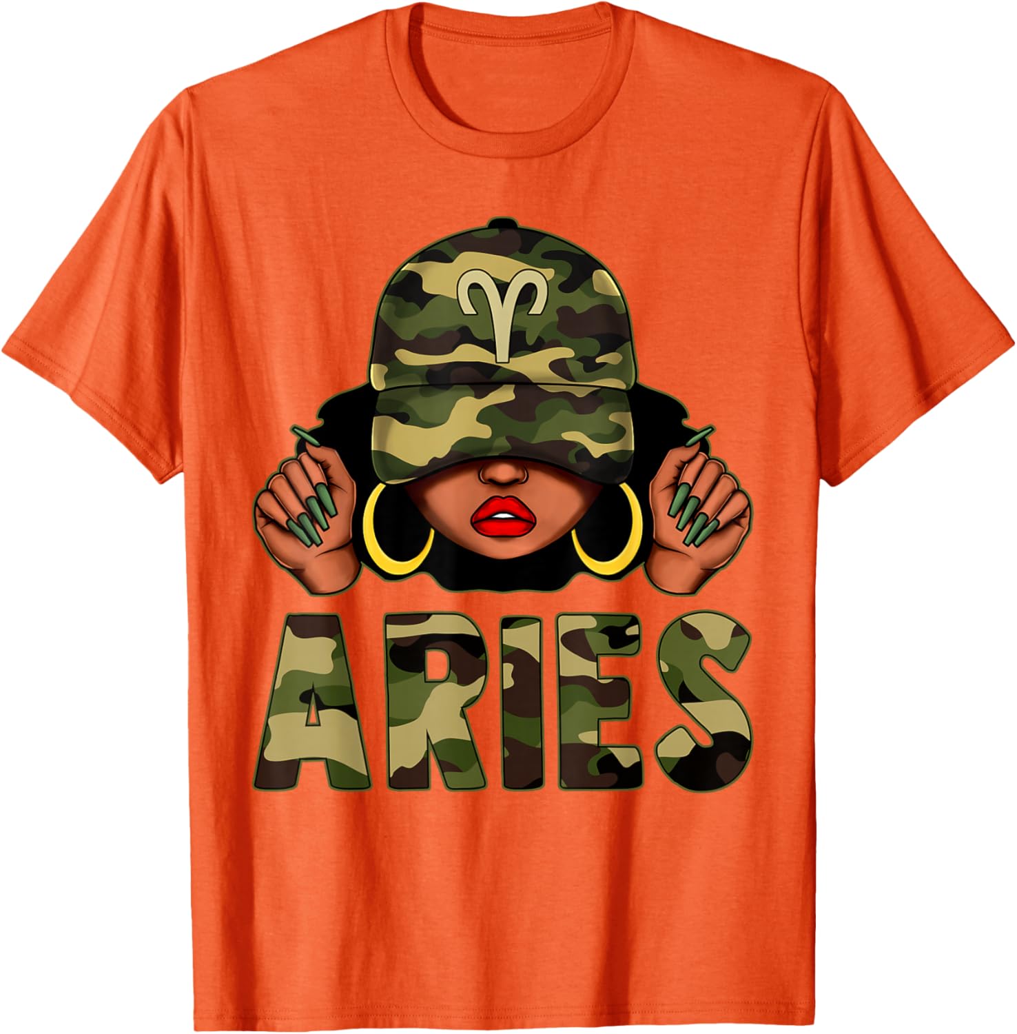 Aries Queen Black Woman Wearing Camo Cap Afro Zodiac T-Shirt - 7