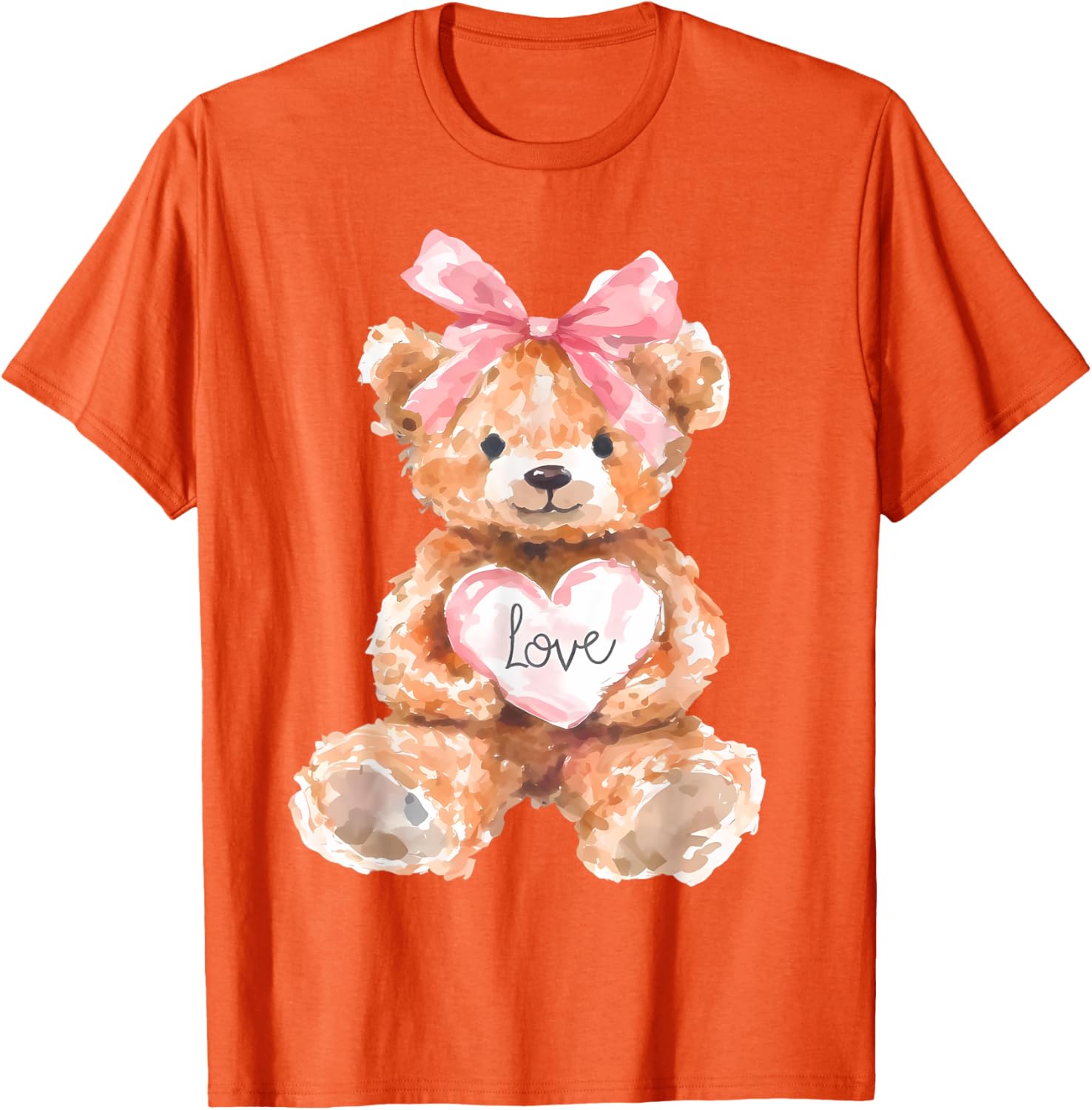 Watercolor Bear with Pink Bow Cute Valentine T-Shirt for Women and Girls - 1