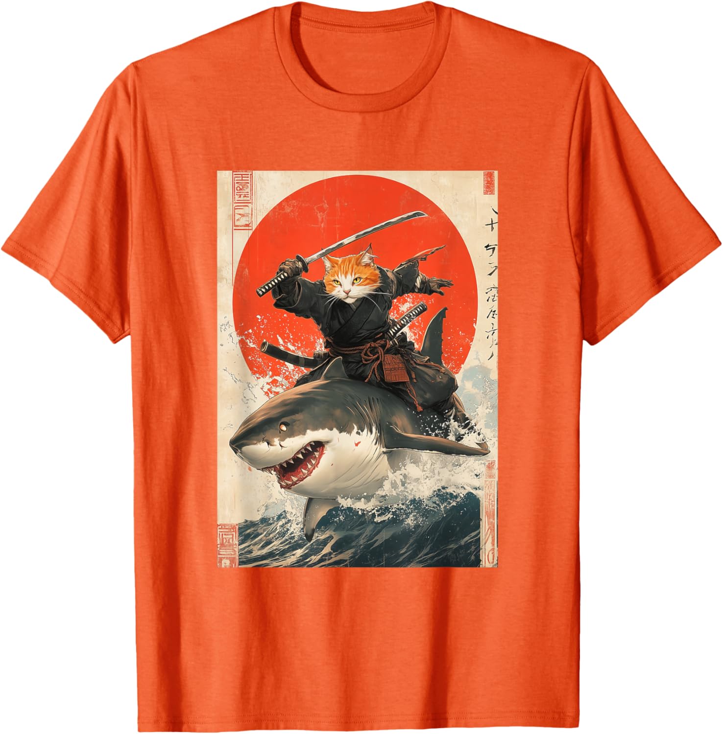 Ninja Cat Riding Shark Graphic Tee Cute Japanese Style T-Shirt for Cat Lovers - 27