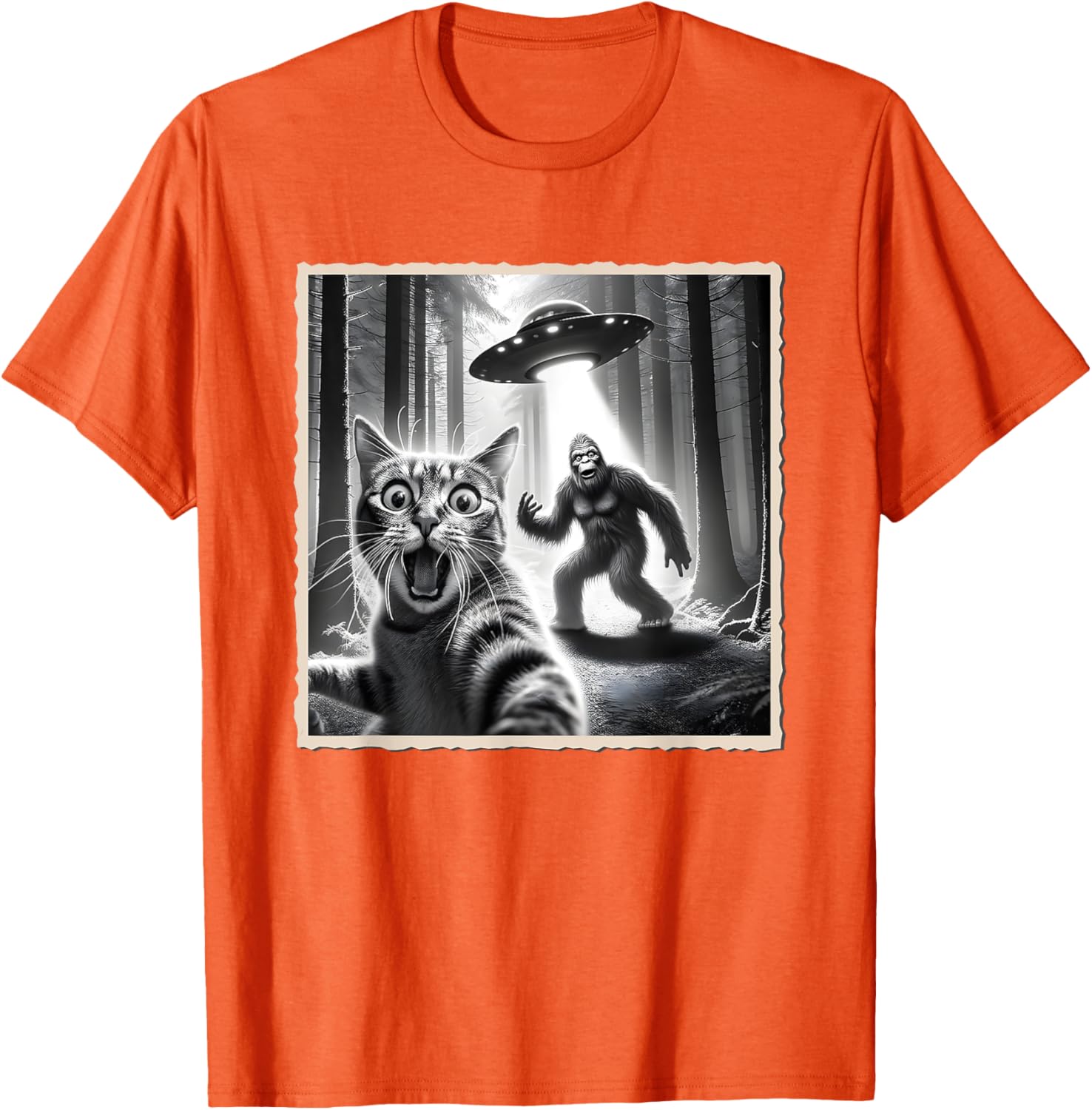Funny Cat Selfie with Bigfoot and UFO T-Shirt for Animal Lovers - 11