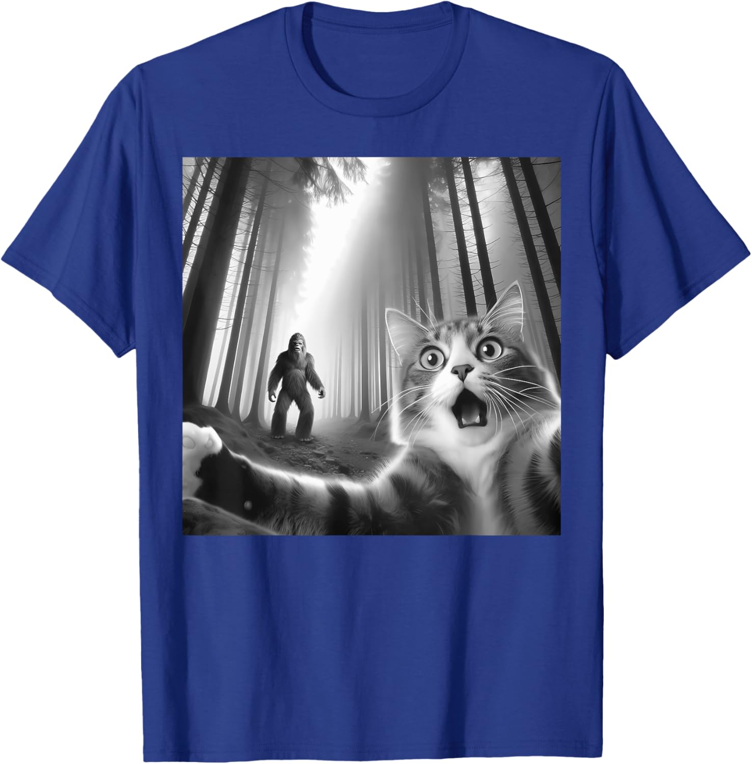 Funny Scared Cat Bigfoot Selfie T-Shirt for Men, Women, and Kids - 7