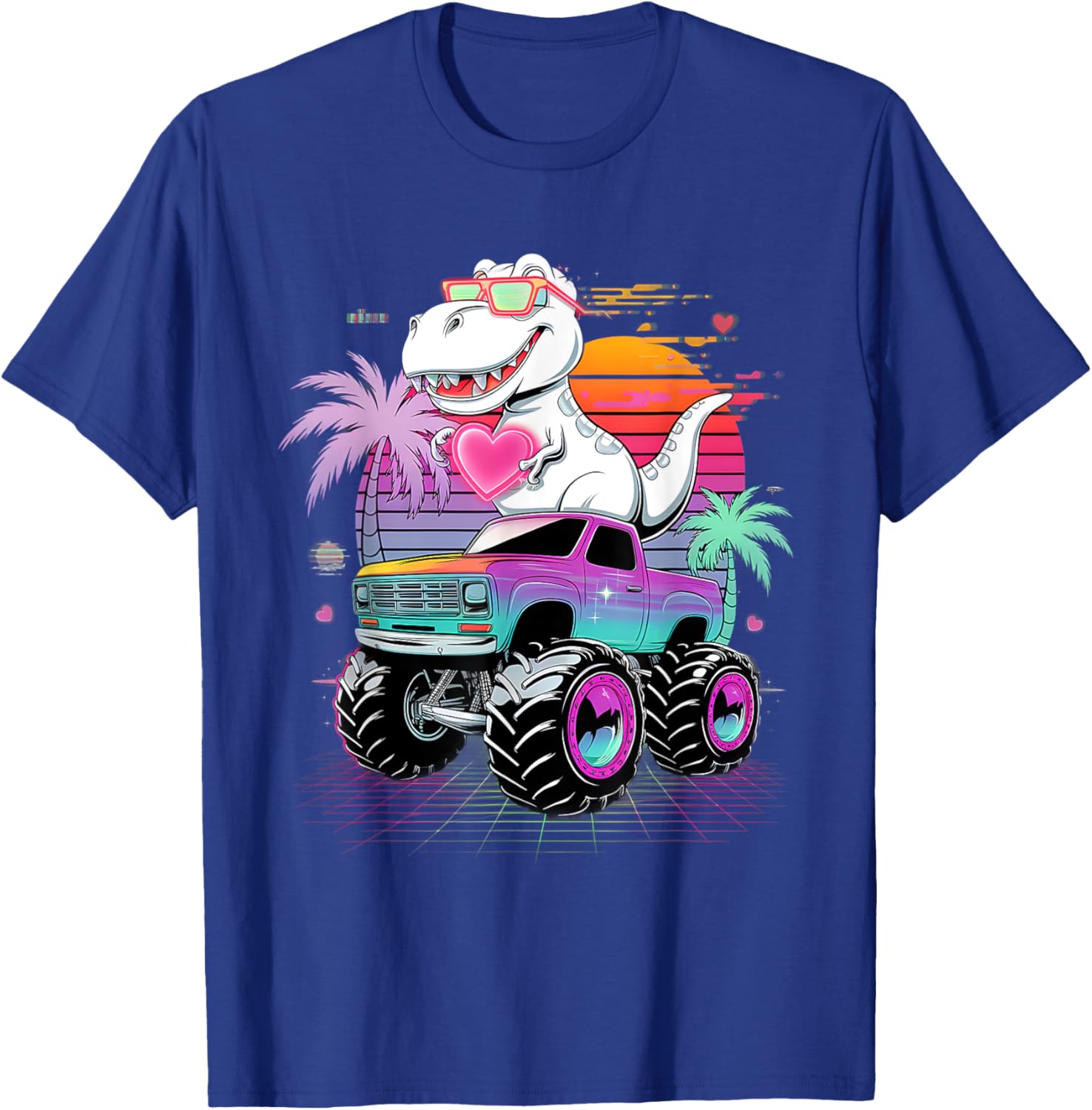Valentine's Day T-Rex Monster Truck Vaporwave Kids T-Shirt for Boys - 10