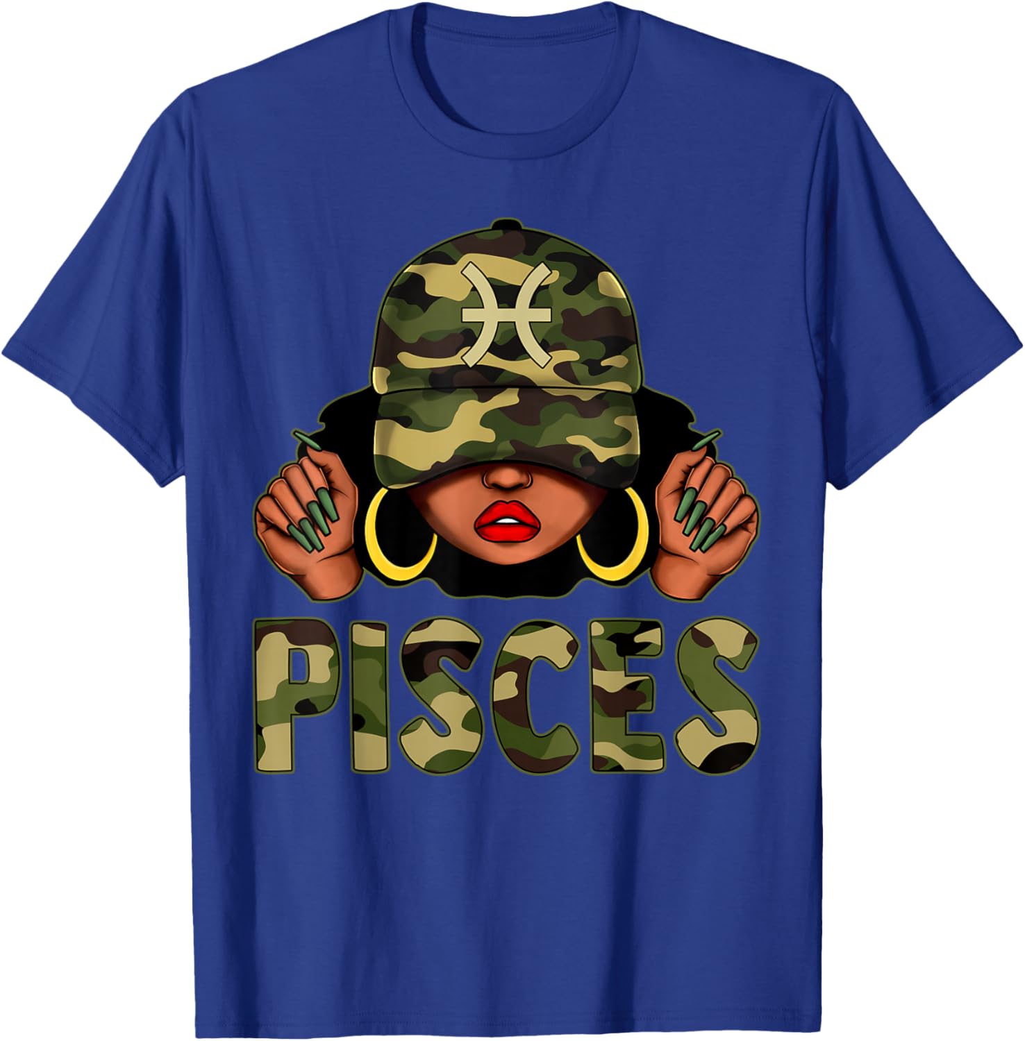 Pisces Queen Camo Cap and Afro Girl Zodiac T-Shirt for Black Women - 5