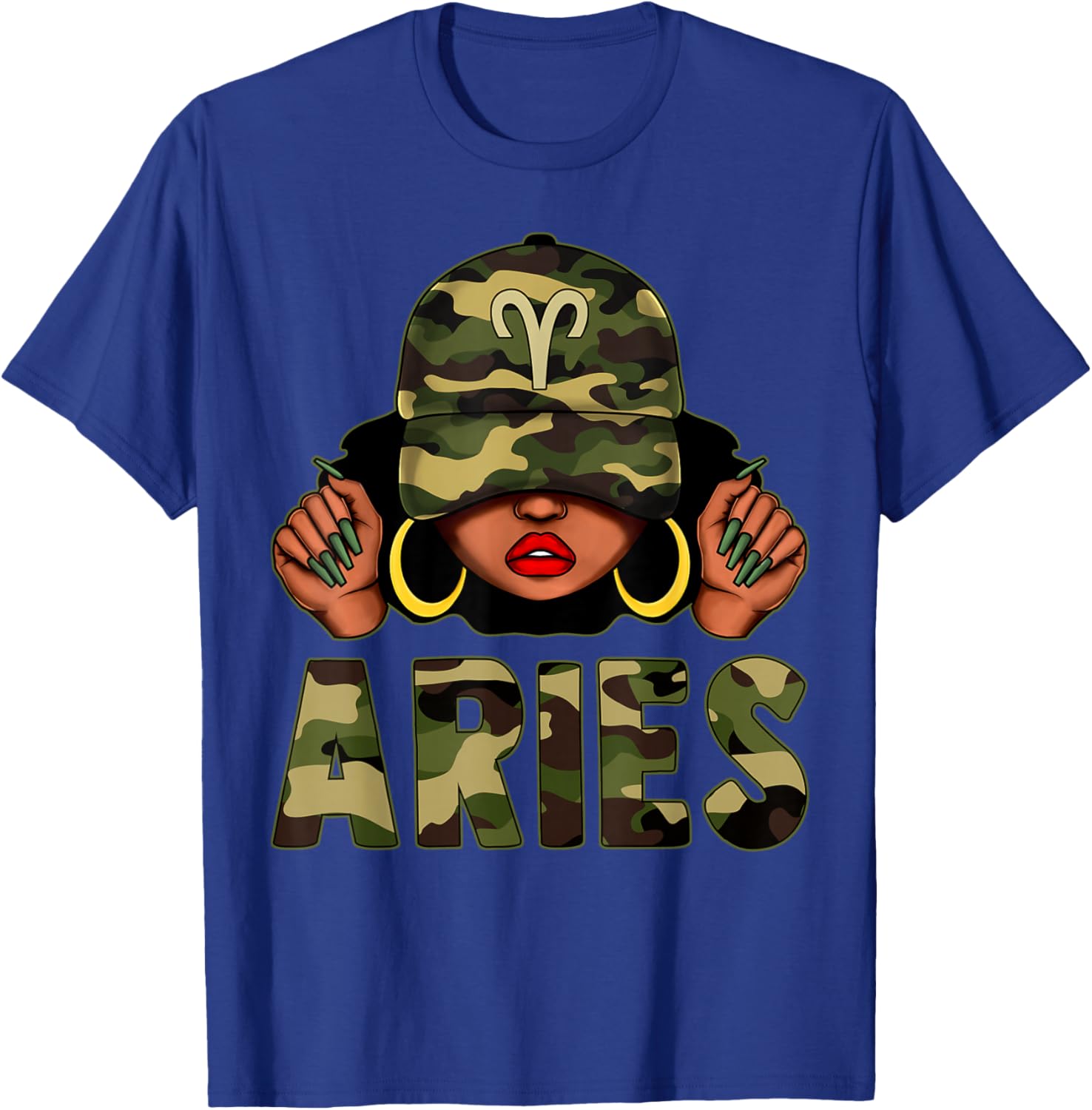 Aries Queen Black Woman Wearing Camo Cap Afro Zodiac T-Shirt - 19