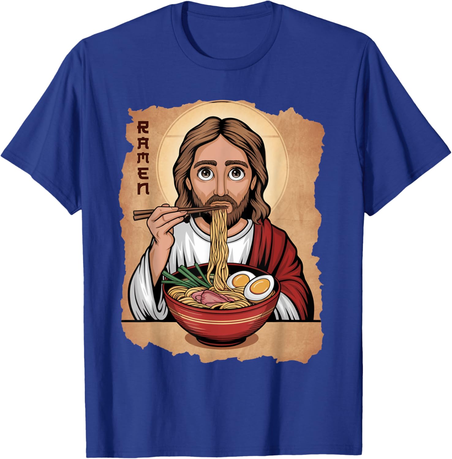 Cute Jesus Eating Ramen Noodles T-Shirt with Ocean Waves Japanese Art - 12