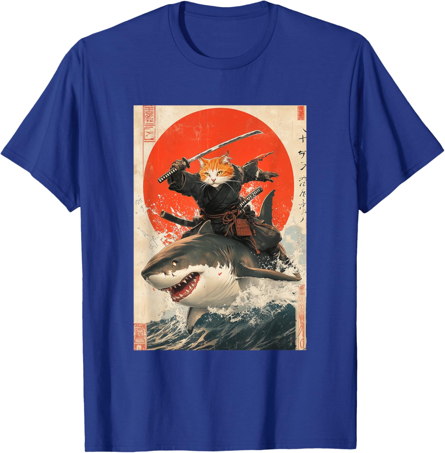 Ninja Cat Riding Shark Graphic Tee Cute Japanese Style T-Shirt for Cat Lovers - 24