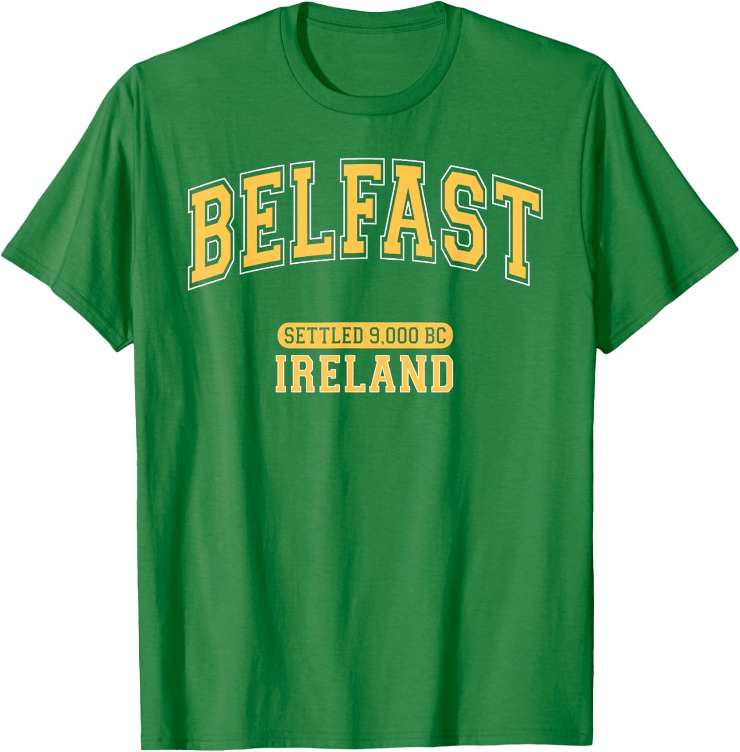 Retro Belfast Ireland 9000 BC Arched Yellow Letters T-Shirt for Trendy Style - 3