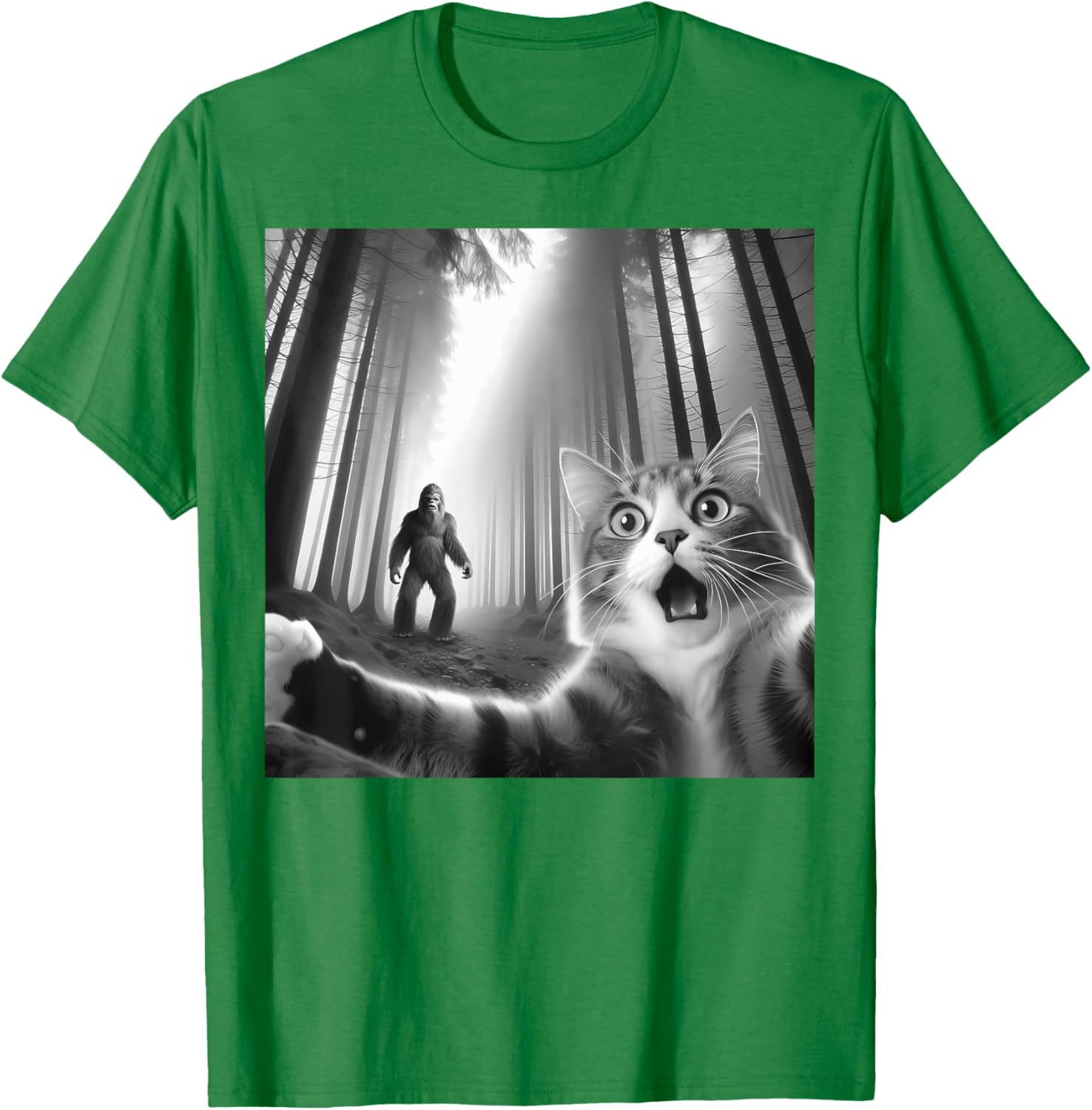 Funny Scared Cat Bigfoot Selfie T-Shirt for Men, Women, and Kids - 22