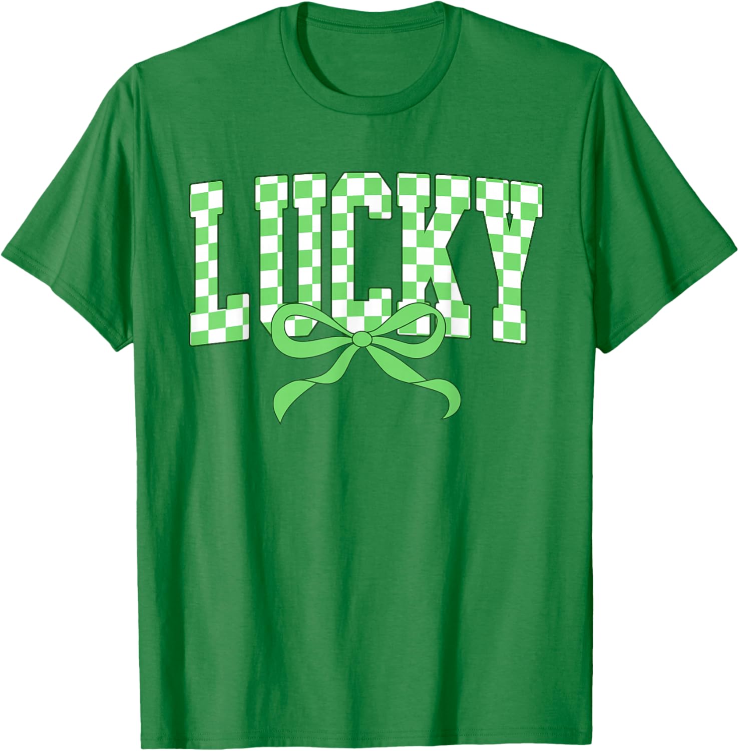 Lucky Shamrock Bow T-Shirt for St Patrick's Day Retro Checkered Style - 12