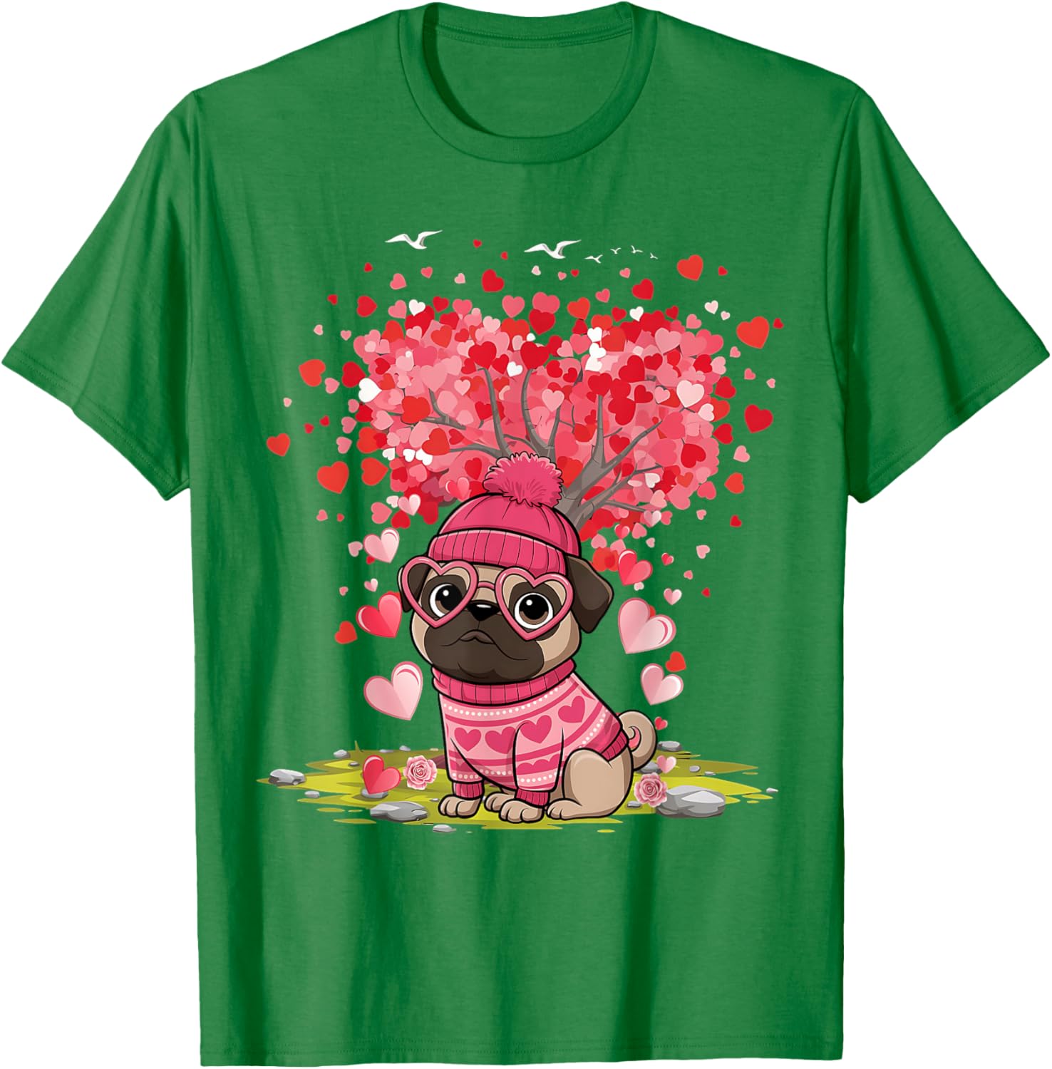 Pug Heart Tree Tee - Adorable Dog Lover Valentine's Day T-Shirt - 16