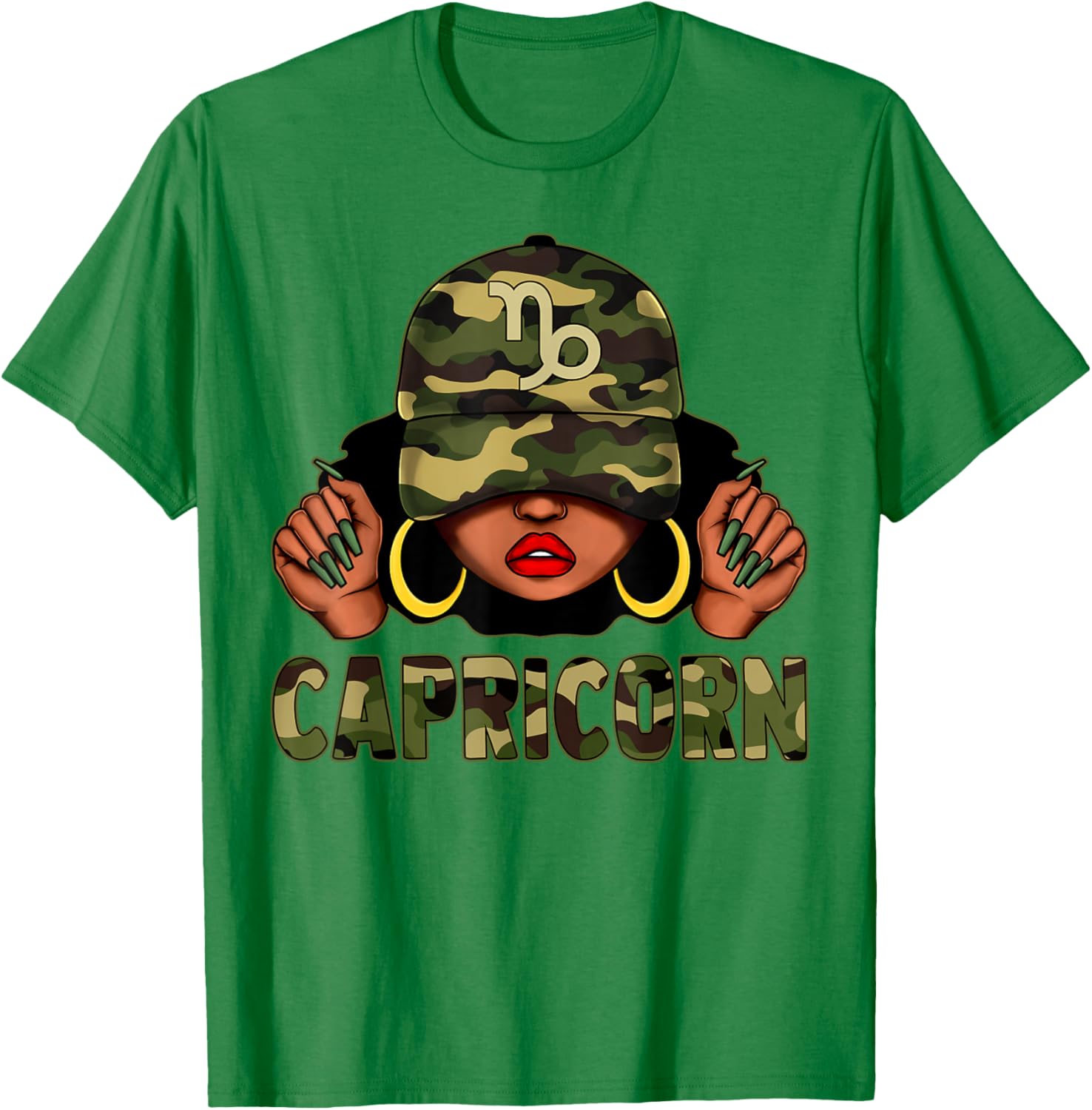 Capricorn Queen Black Woman with Camo Cap Afro Zodiac T-Shirt - 14