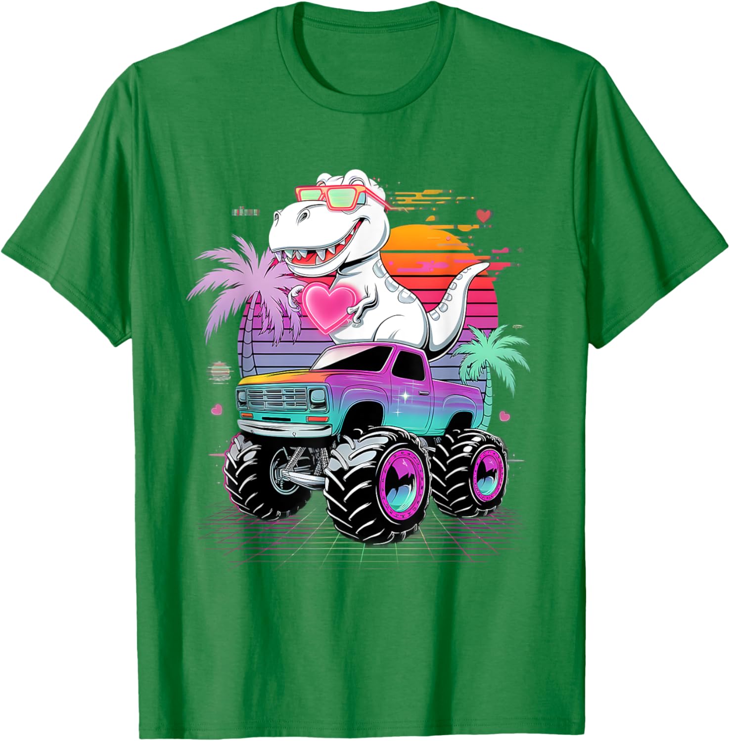 Valentine's Day T-Rex Monster Truck Vaporwave Kids T-Shirt for Boys - 15