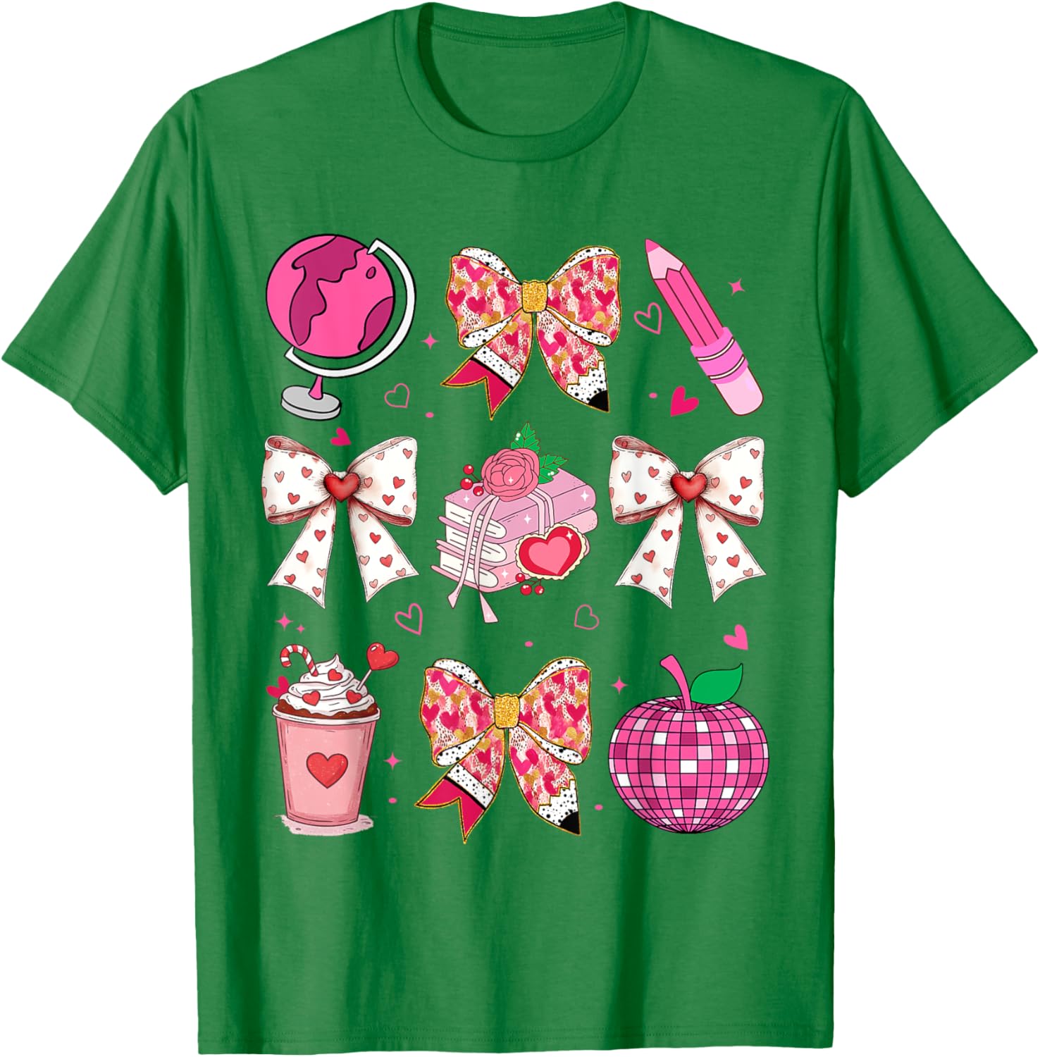 Valentine's Day Heart Bow T-Shirt for Teachers with Disco Ball Charm - 8