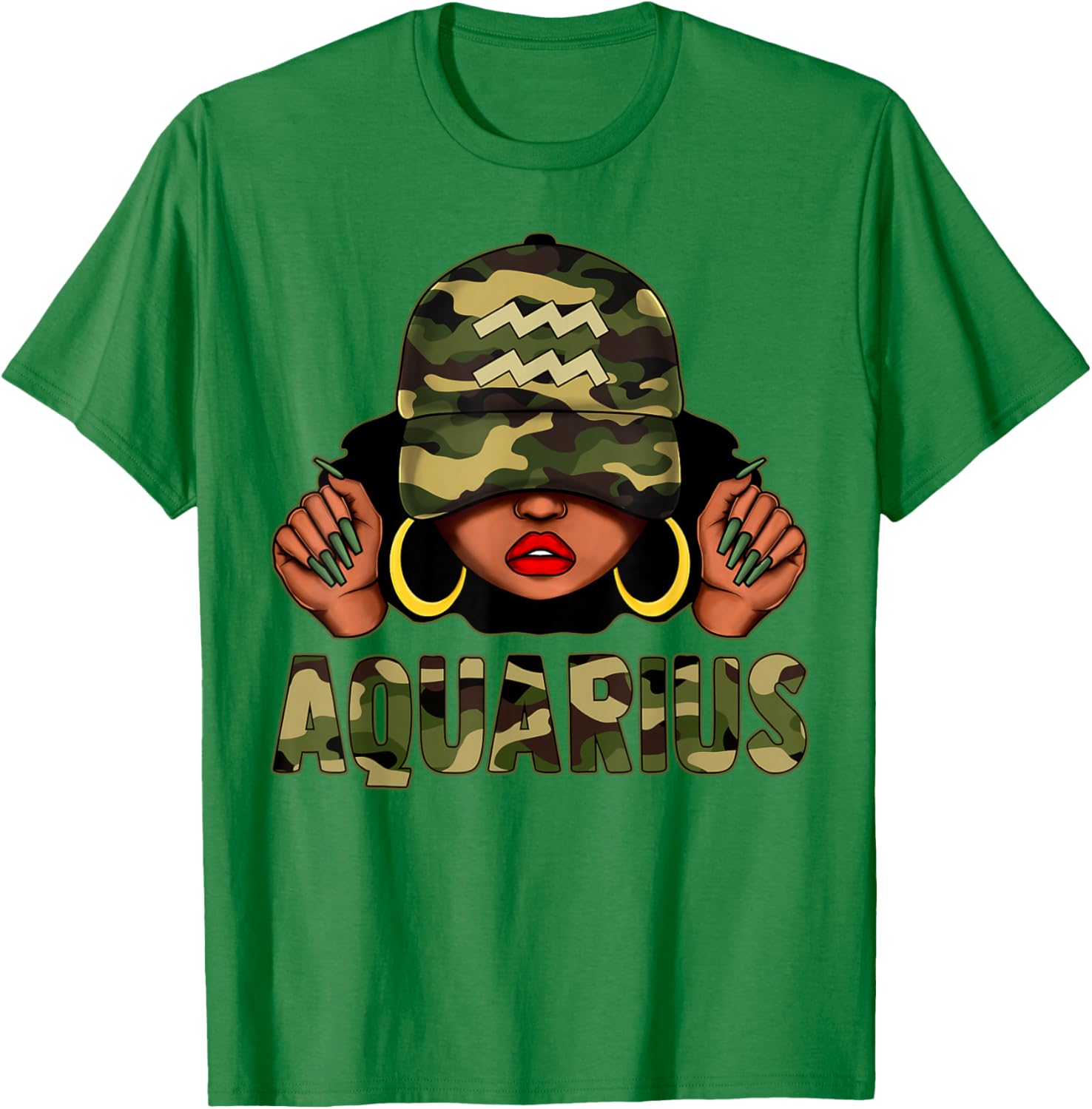 Aquarius Queen Black Woman Camo Afro T-Shirt Stylish Zodiac Apparel - 4