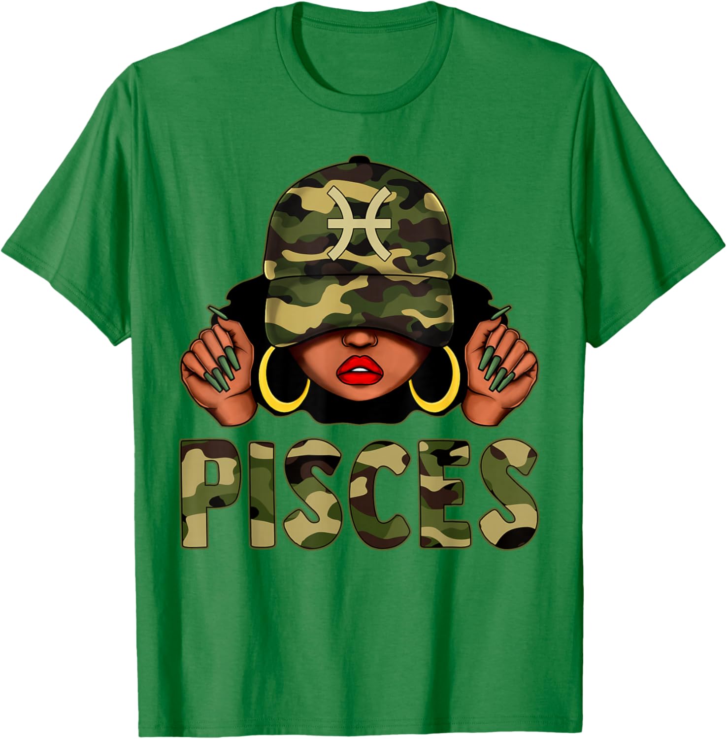 Pisces Queen Camo Cap and Afro Girl Zodiac T-Shirt for Black Women - 15
